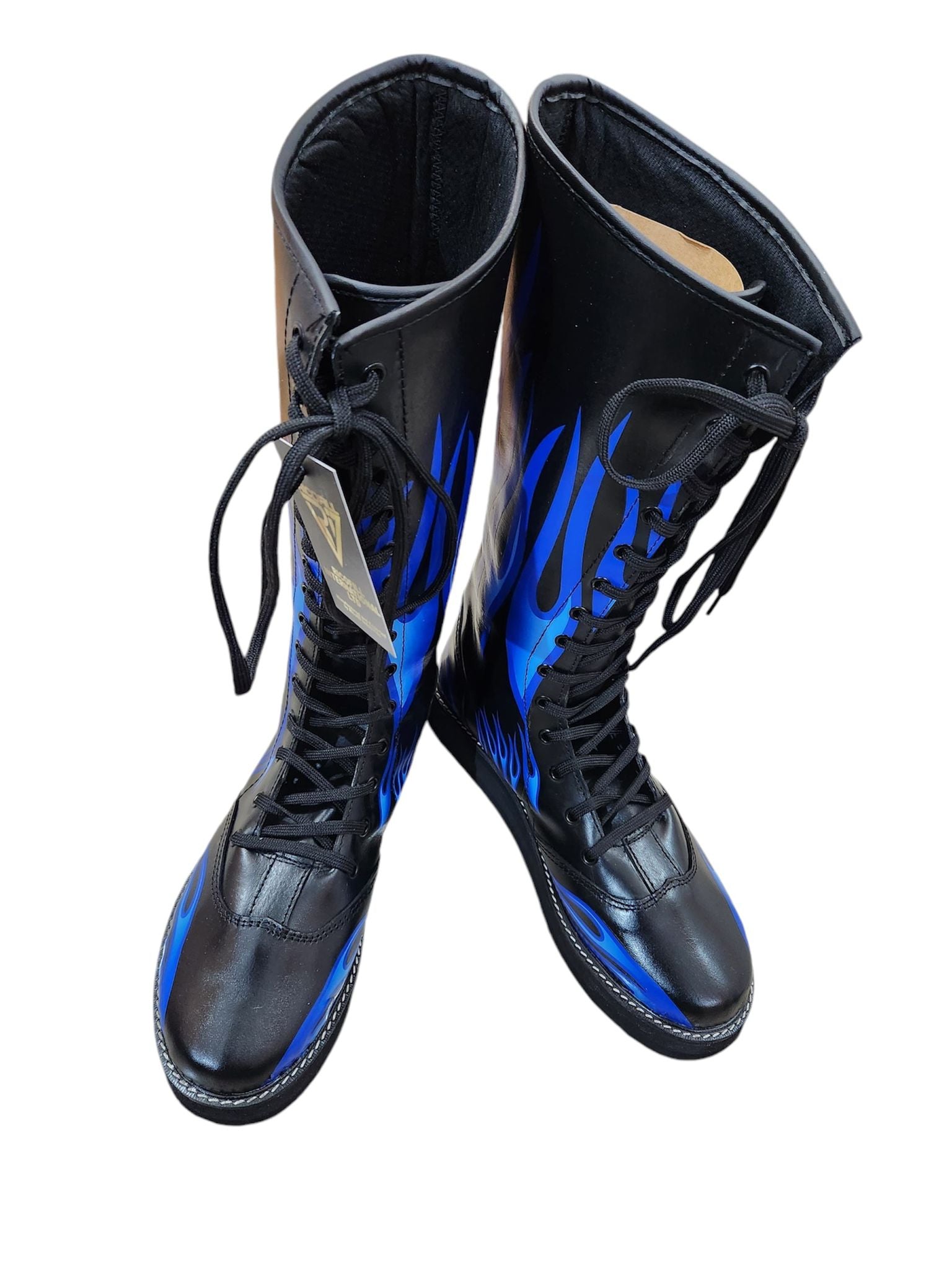 Pro Wrestling Boots, Handmade, 100% Pure Leather, Blue Fire Flames Design, Customizable