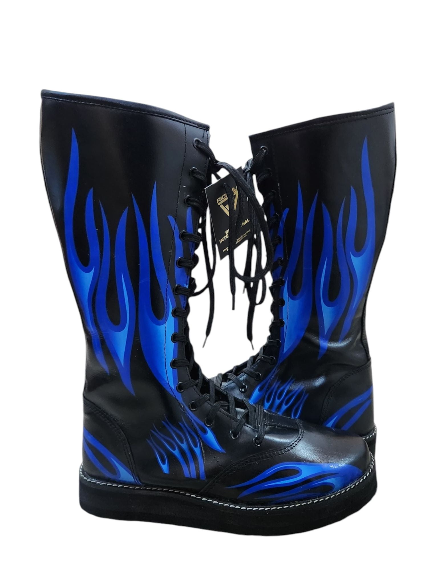 Pro Wrestling Boots, Handmade, 100% Pure Leather, Blue Fire Flames Design, Customizable