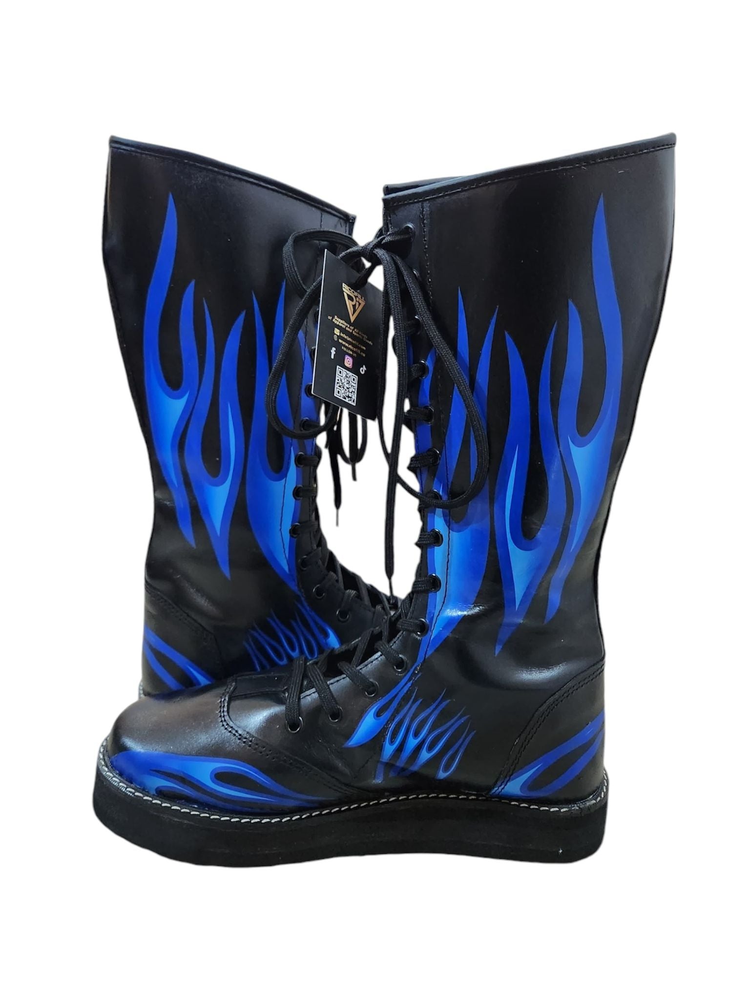 Pro Wrestling Boots, Handmade, 100% Pure Leather, Blue Fire Flames Design, Customizable
