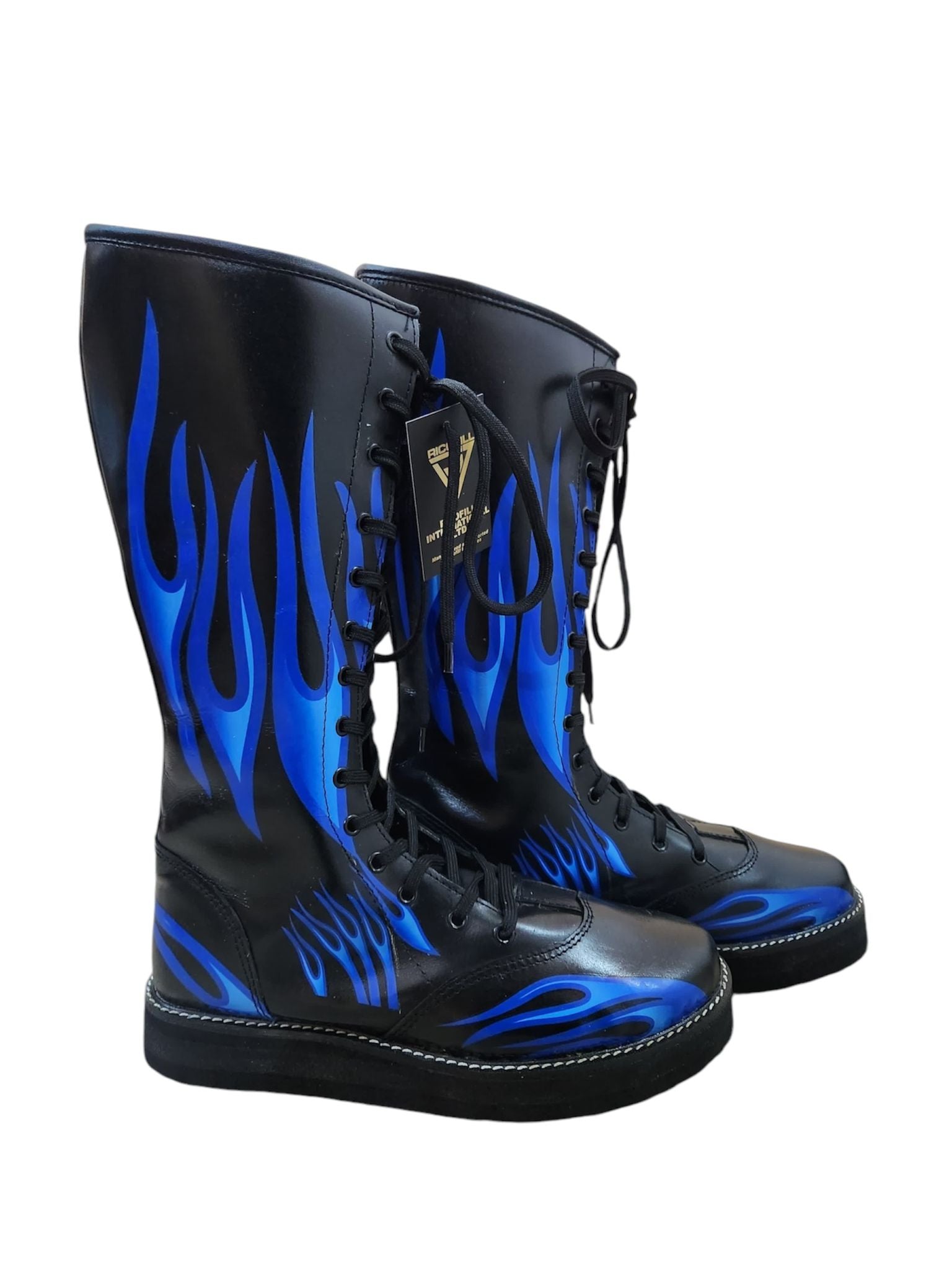Pro Wrestling Boots, Handmade, 100% Pure Leather, Blue Fire Flames Design, Customizable