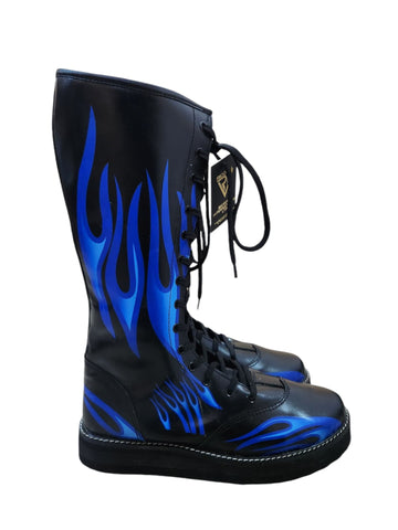 Pro Wrestling Boots, Handmade, 100% Pure Leather, Blue Fire Flames Design, Customizable
