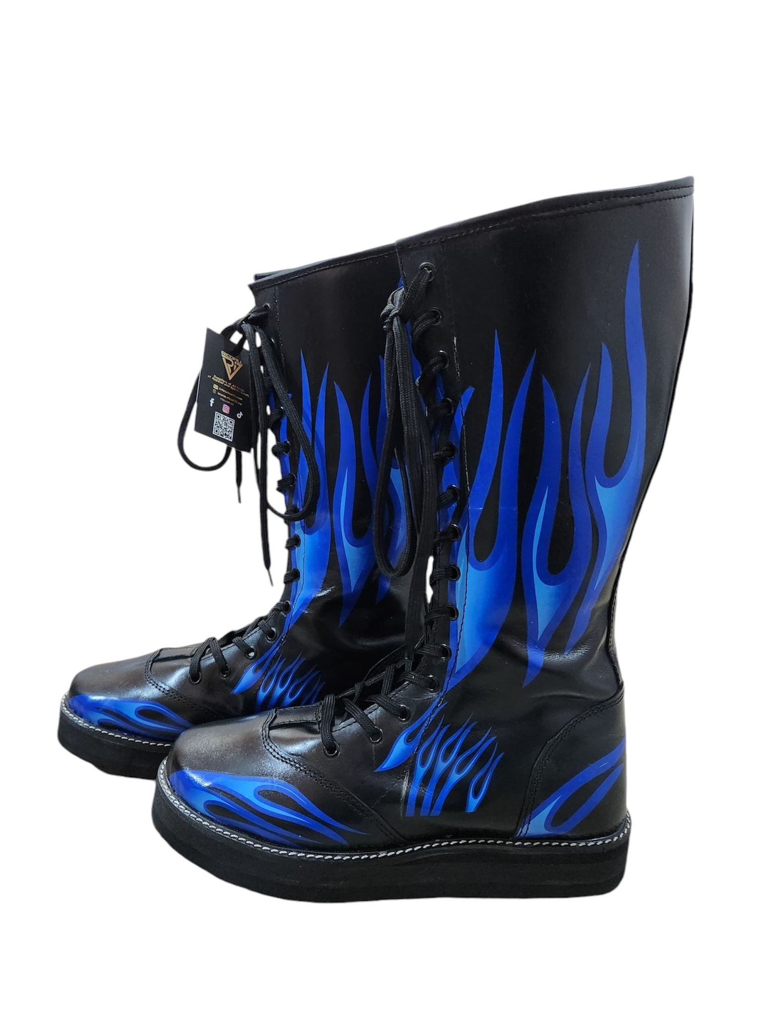 Pro Wrestling Boots, Handmade, 100% Pure Leather, Blue Fire Flames Design, Customizable
