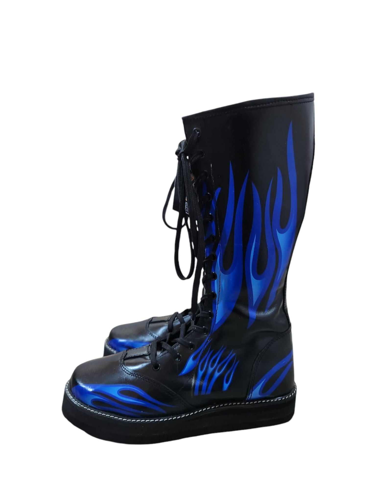 Pro Wrestling Boots, Handmade, 100% Pure Leather, Blue Fire Flames Design, Customizable