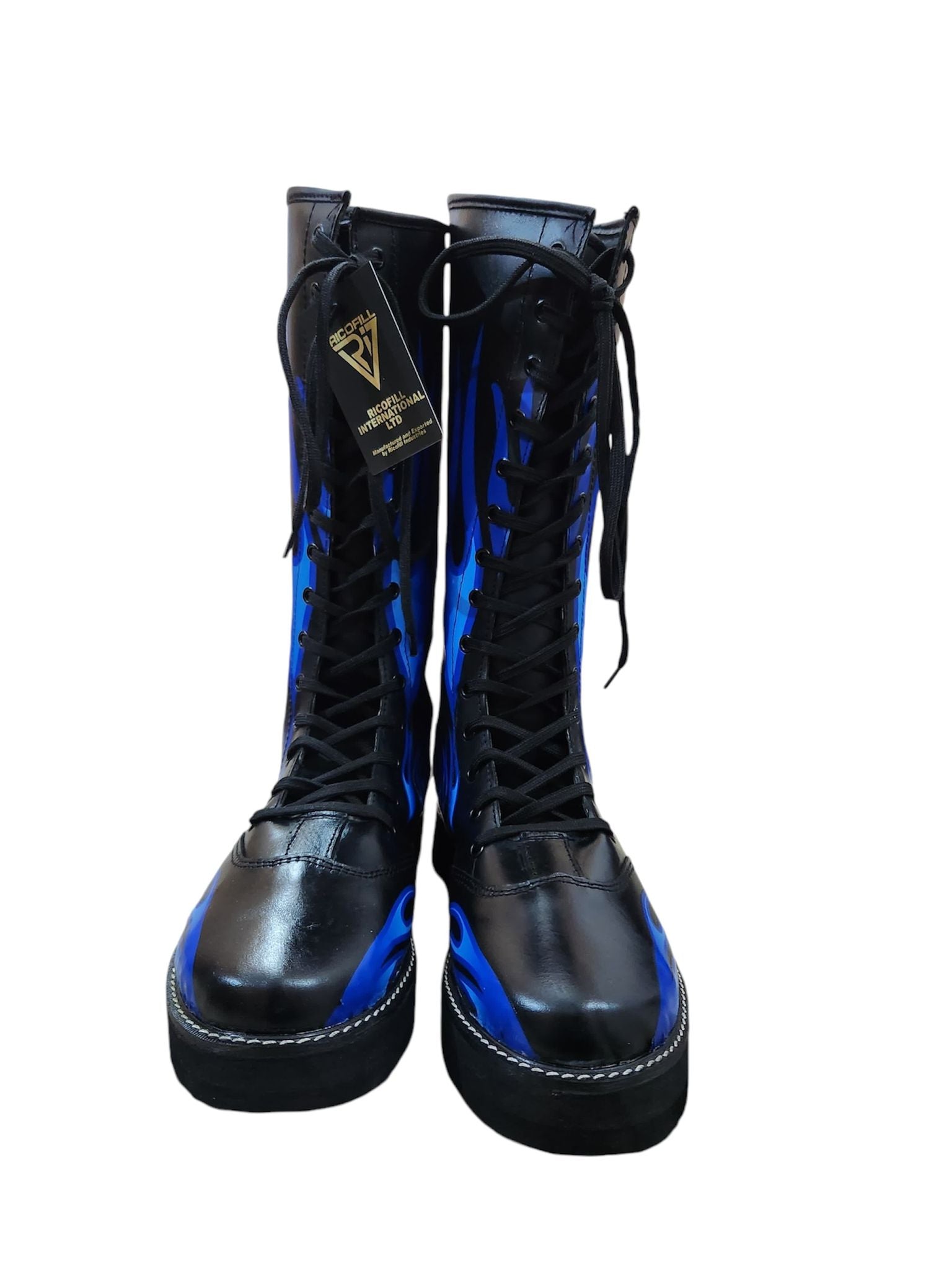 Pro Wrestling Boots, Handmade, 100% Pure Leather, Blue Fire Flames Design, Customizable