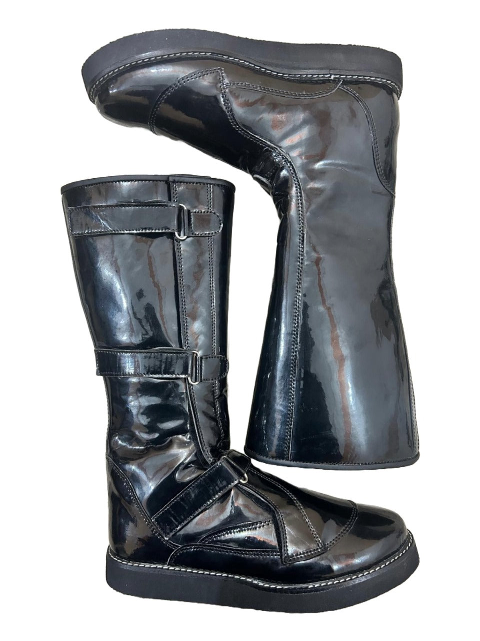 Professionele Stoeistewels, Handgemaak, Klittenbandstyl, Verstelbare Gespe, Patent Swart Glansende Kleur