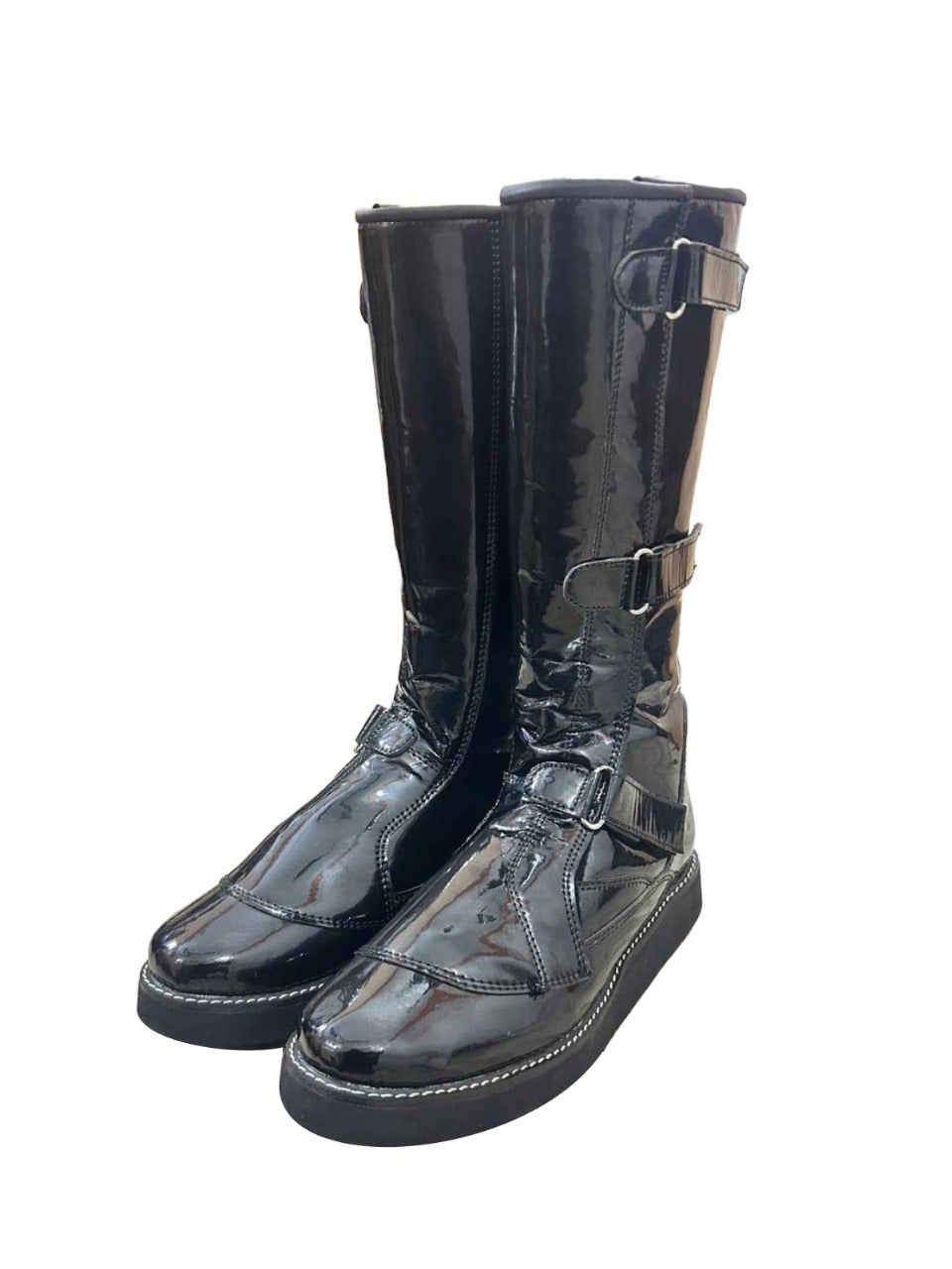 Professionele Stoeistewels, Handgemaak, Klittenbandstyl, Verstelbare Gespe, Patent Swart Glansende Kleur