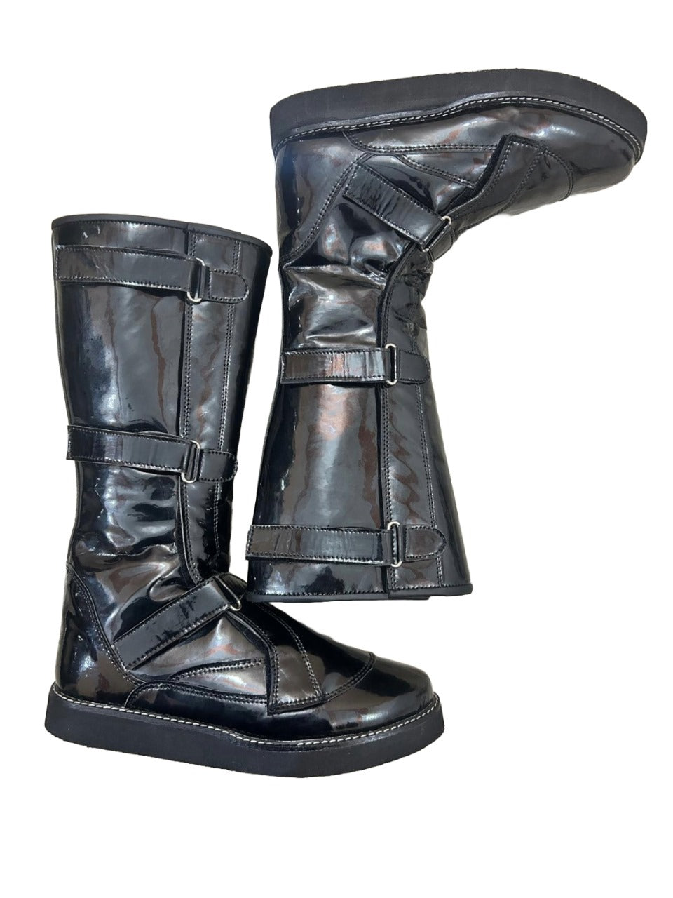 Professionele Stoeistewels, Handgemaak, Klittenbandstyl, Verstelbare Gespe, Patent Swart Glansende Kleur