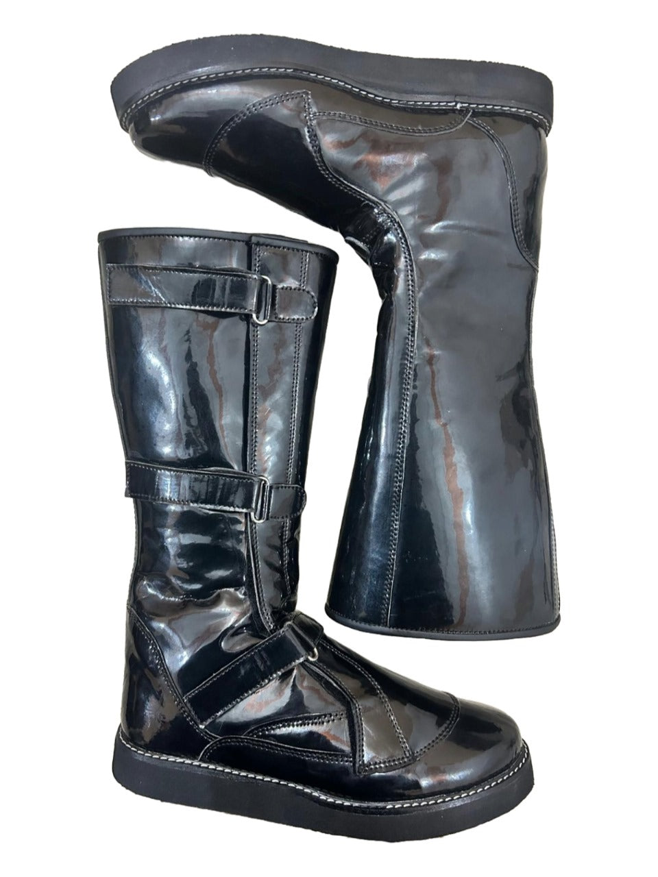 Professionele Stoeistewels, Handgemaak, Klittenbandstyl, Verstelbare Gespe, Patent Swart Glansende Kleur