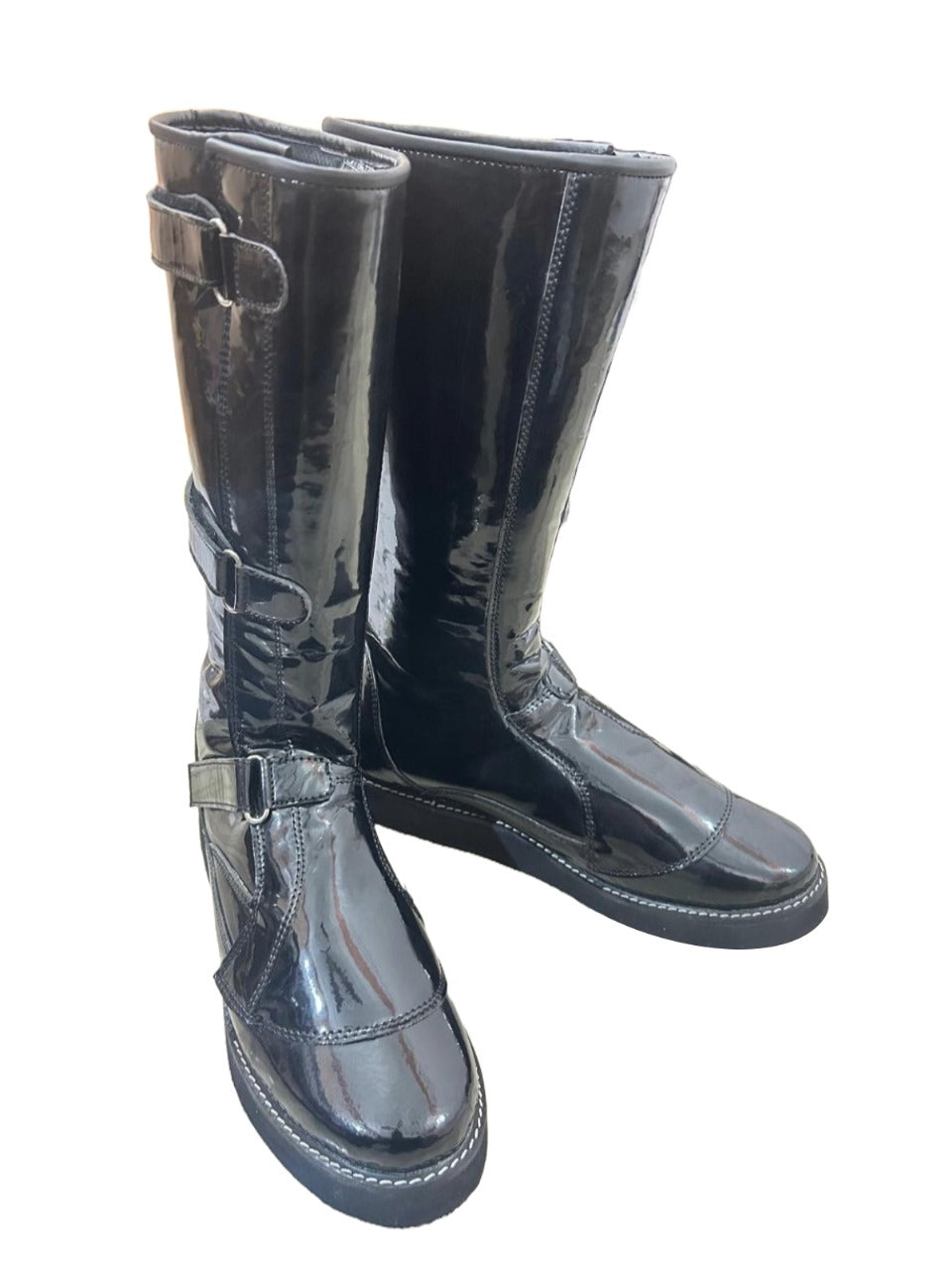 Professionele Stoeistewels, Handgemaak, Klittenbandstyl, Verstelbare Gespe, Patent Swart Glansende Kleur