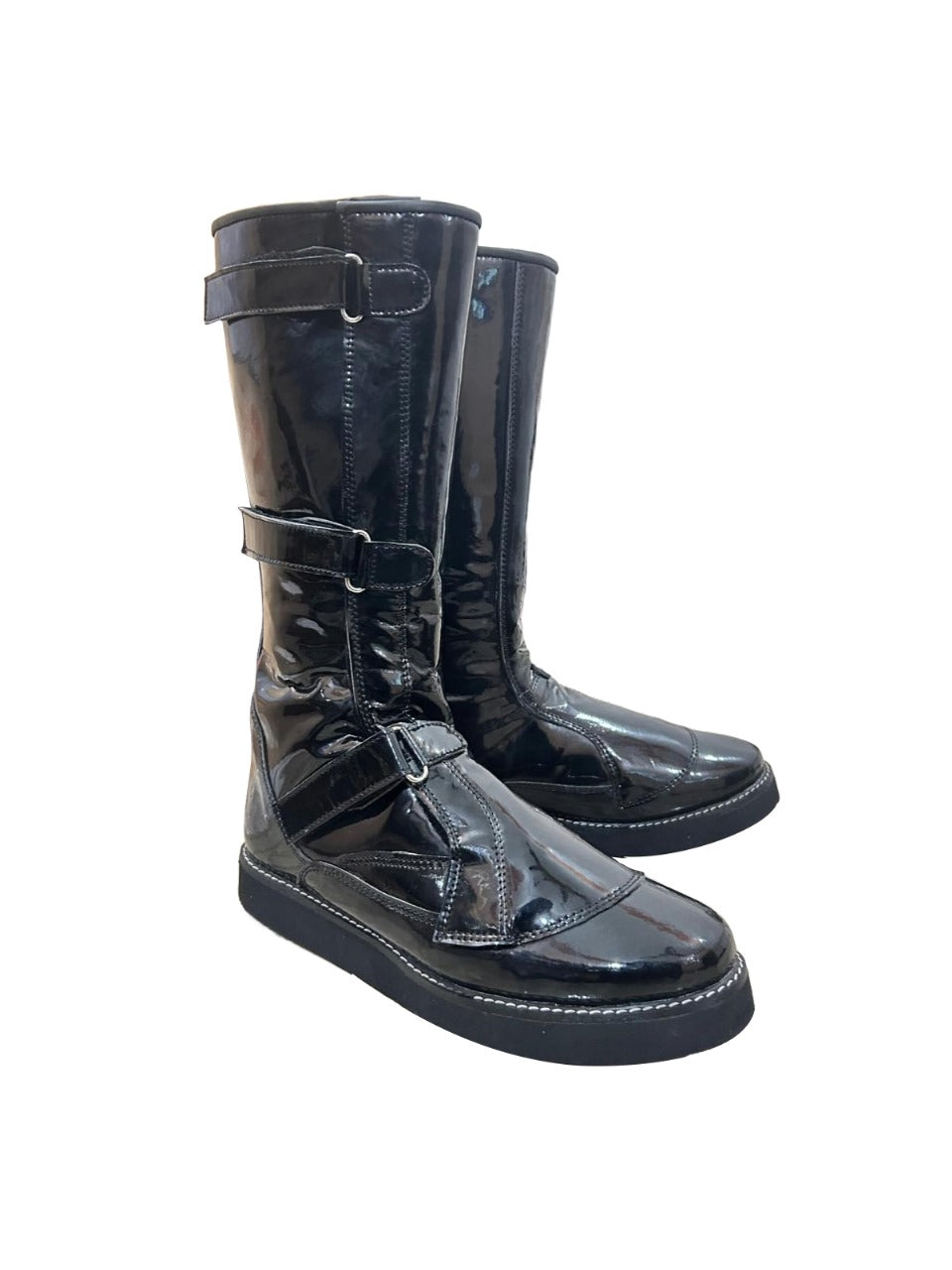 Professionele Stoeistewels, Handgemaak, Klittenbandstyl, Verstelbare Gespe, Patent Swart Glansende Kleur