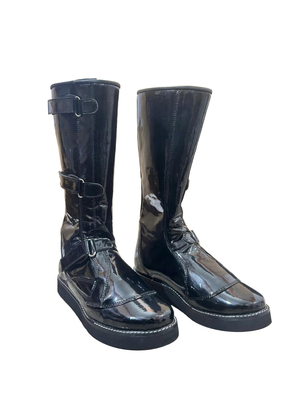 Professionele Stoeistewels, Handgemaak, Klittenbandstyl, Verstelbare Gespe, Patent Swart Glansende Kleur