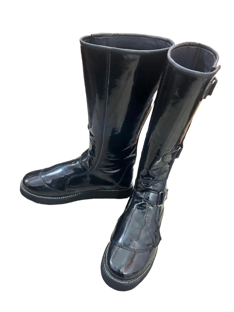 Professionele Stoeistewels, Handgemaak, Klittenbandstyl, Verstelbare Gespe, Patent Swart Glansende Kleur