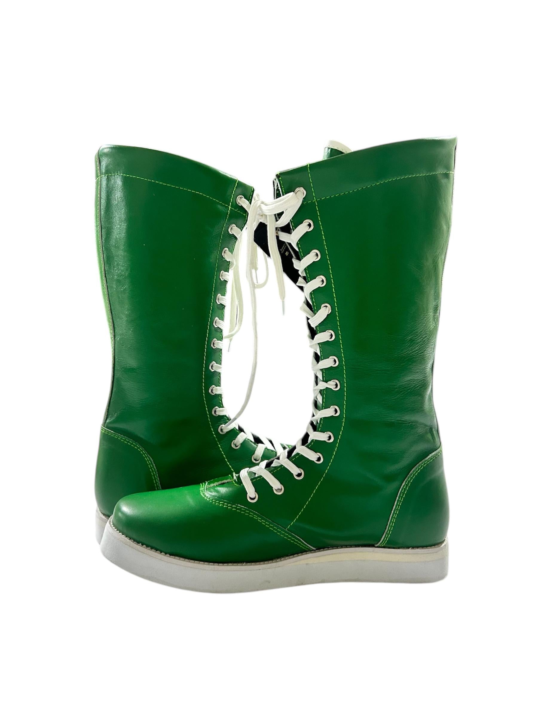 Professionele Stoeistewels, Macho Man Geïnspireer, Handgemaak, 100% Suiwer Leer, Groen Kleur, Wit sterre