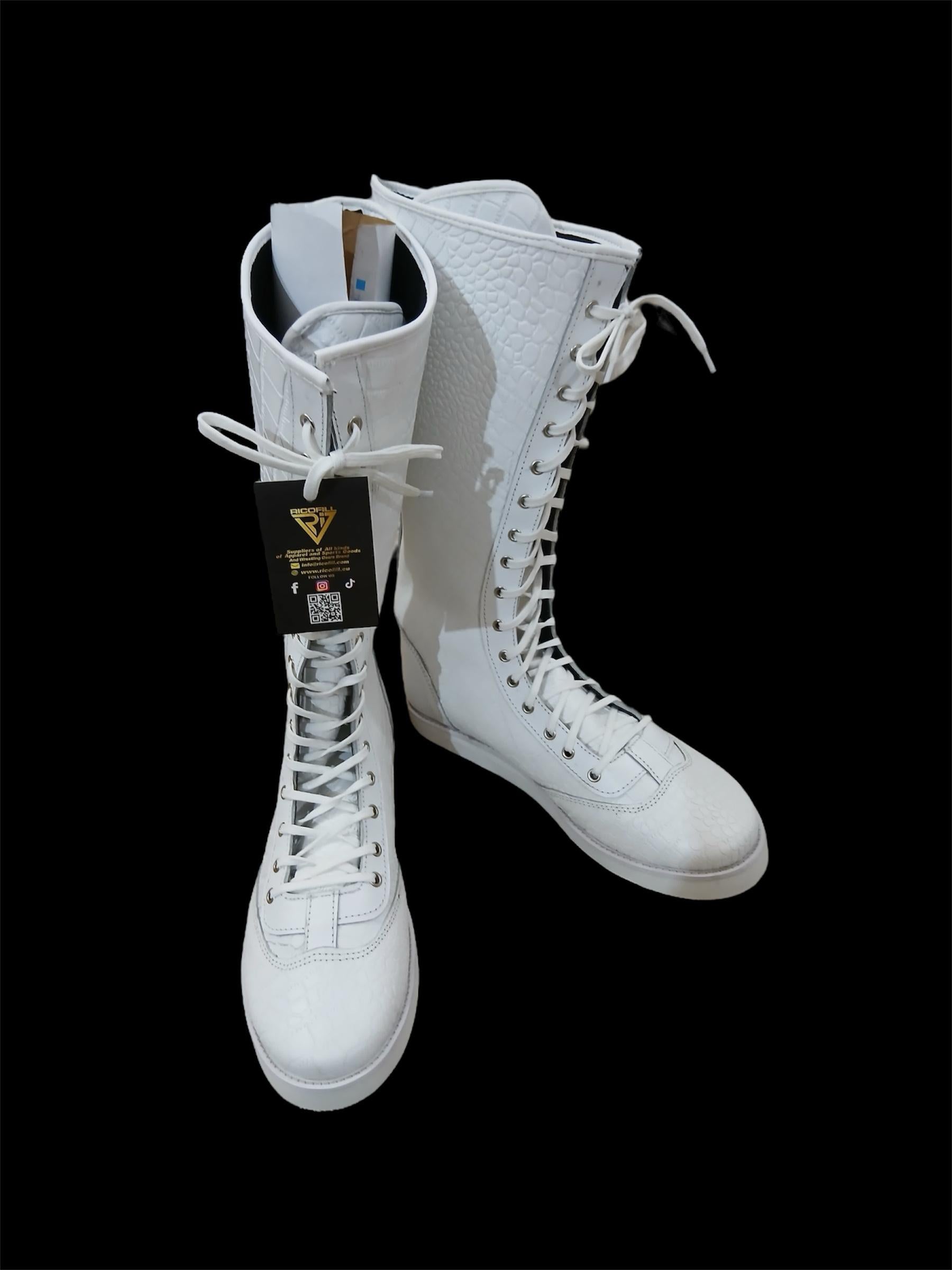 Pro Wrestling Boots, Handmade, 100% Original Leather, White Crocs Pattern, Customizable colors