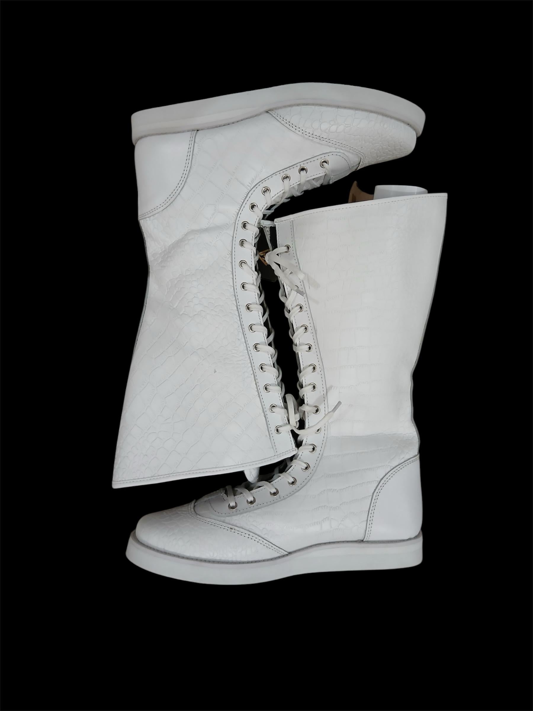 Pro Wrestling Boots, Handmade, 100% Original Leather, White Crocs Pattern, Customizable colors
