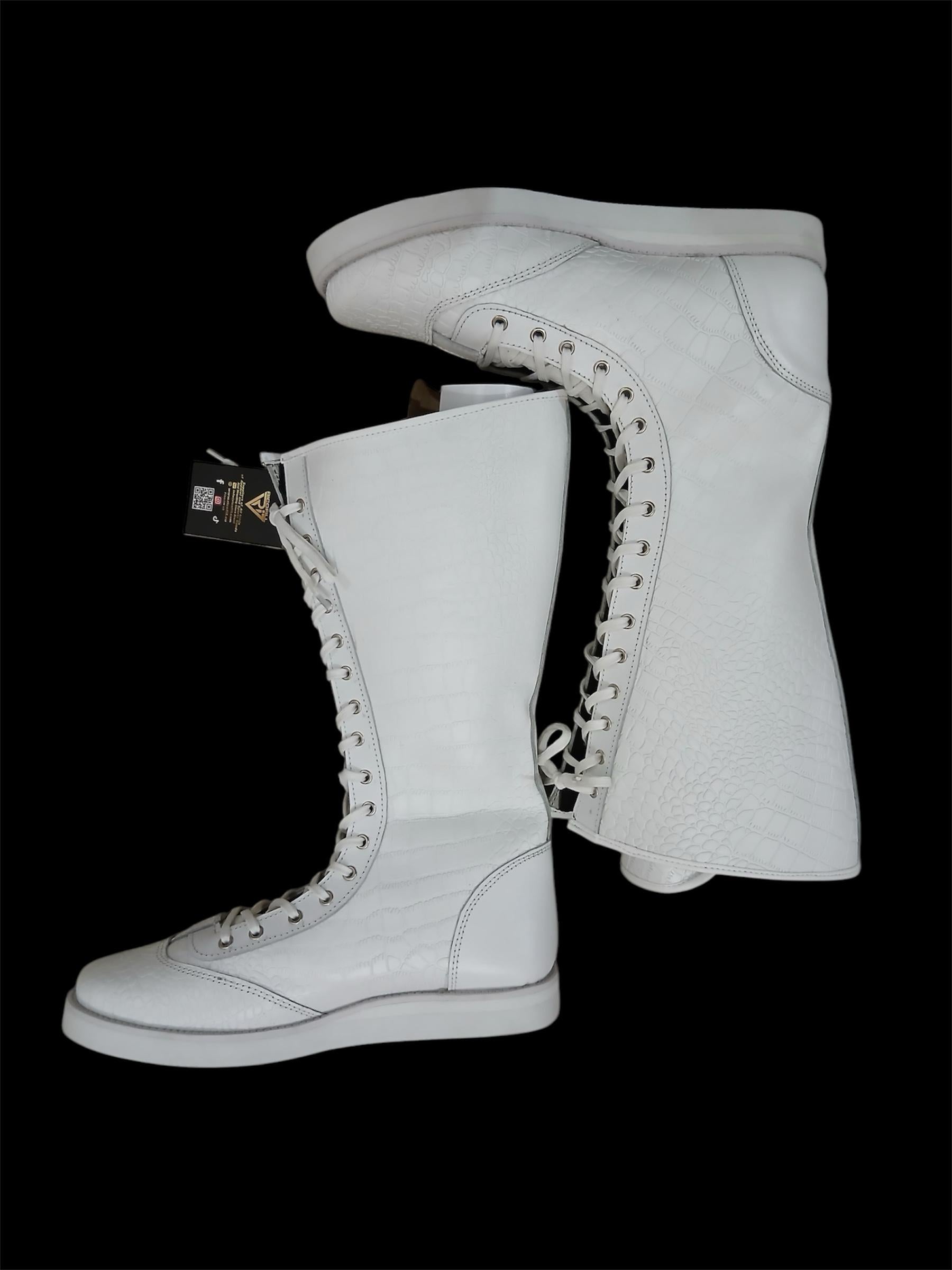 Pro Wrestling Boots, Handmade, 100% Original Leather, White Crocs Pattern, Customizable colors
