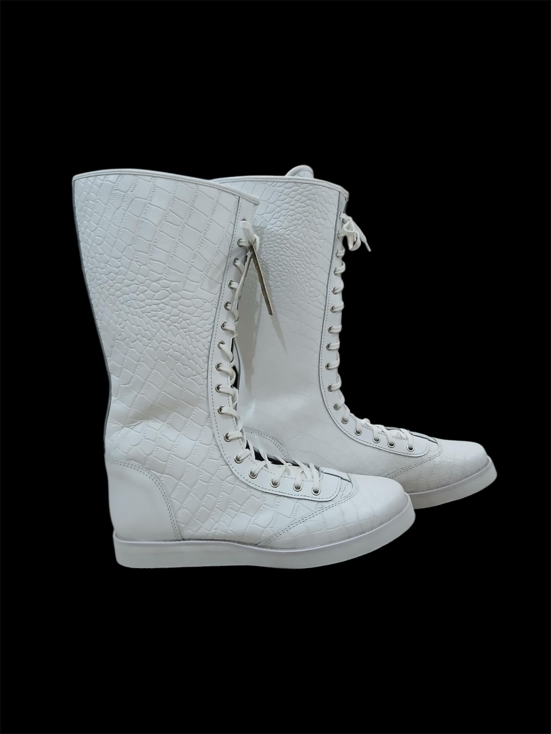 Pro Wrestling Boots, Handmade, 100% Original Leather, White Crocs Pattern, Customizable colors