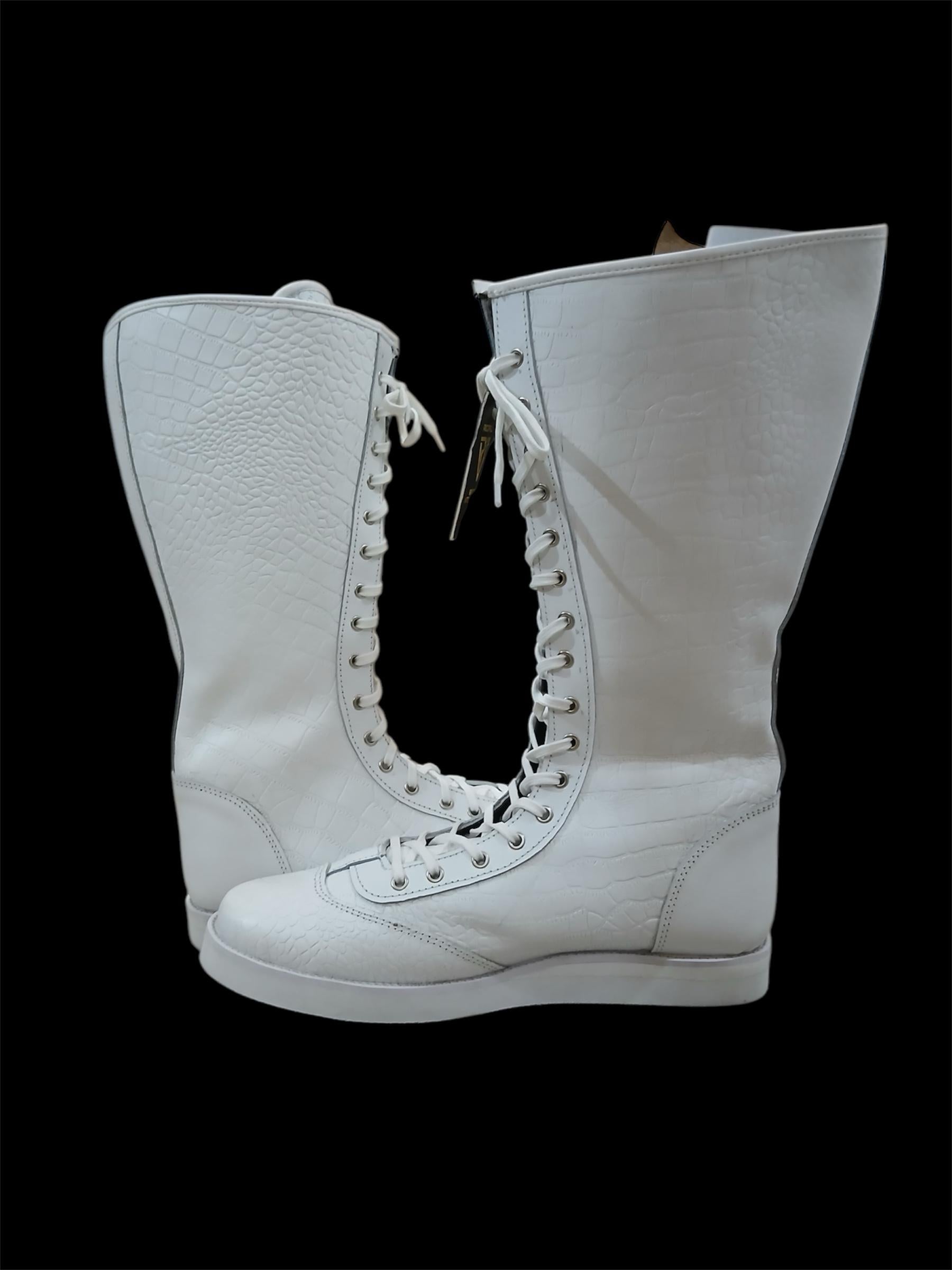 Pro Wrestling Boots, Handmade, 100% Original Leather, White Crocs Pattern, Customizable colors
