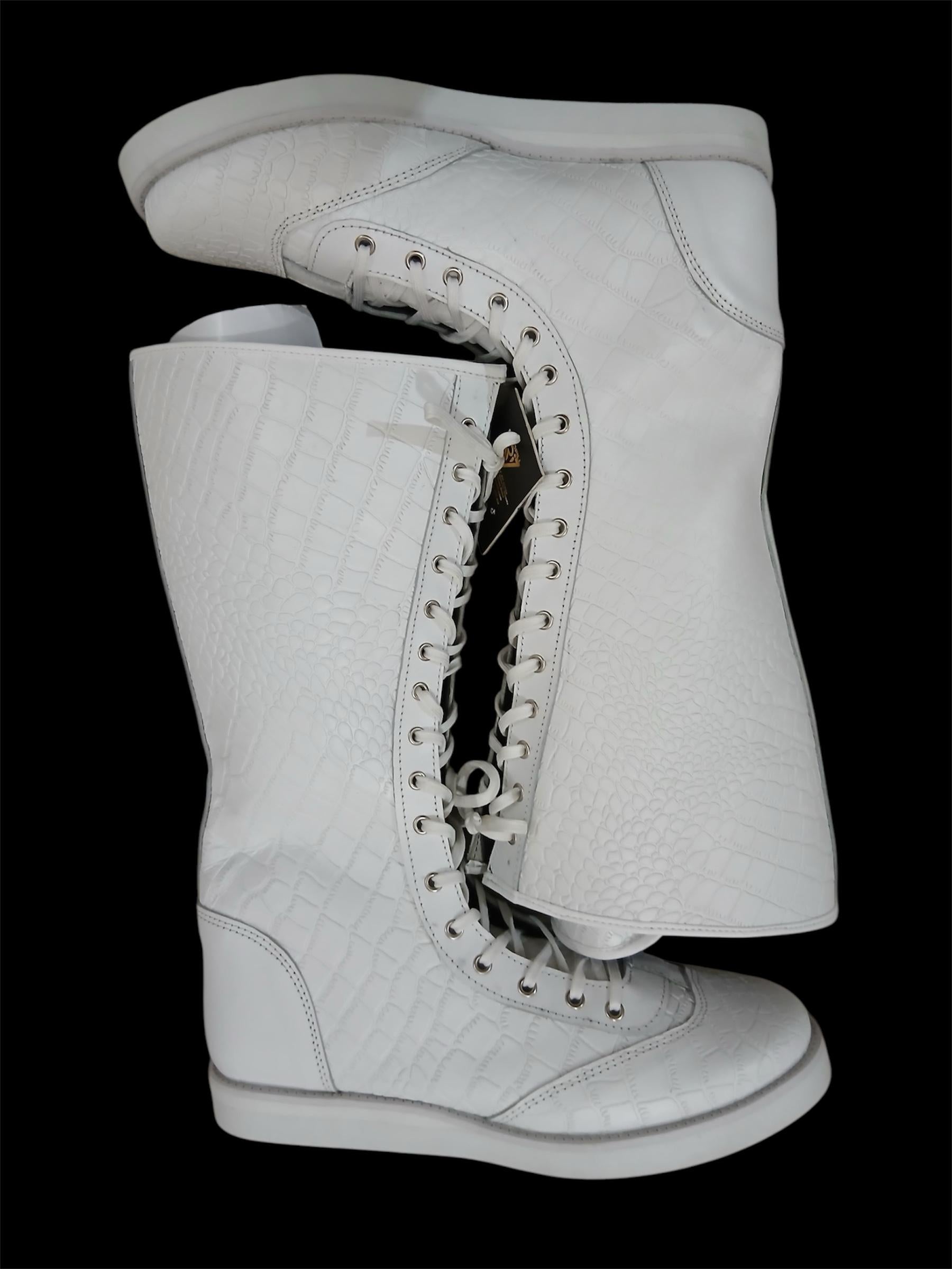 Pro Wrestling Boots, Handmade, 100% Original Leather, White Crocs Pattern, Customizable colors