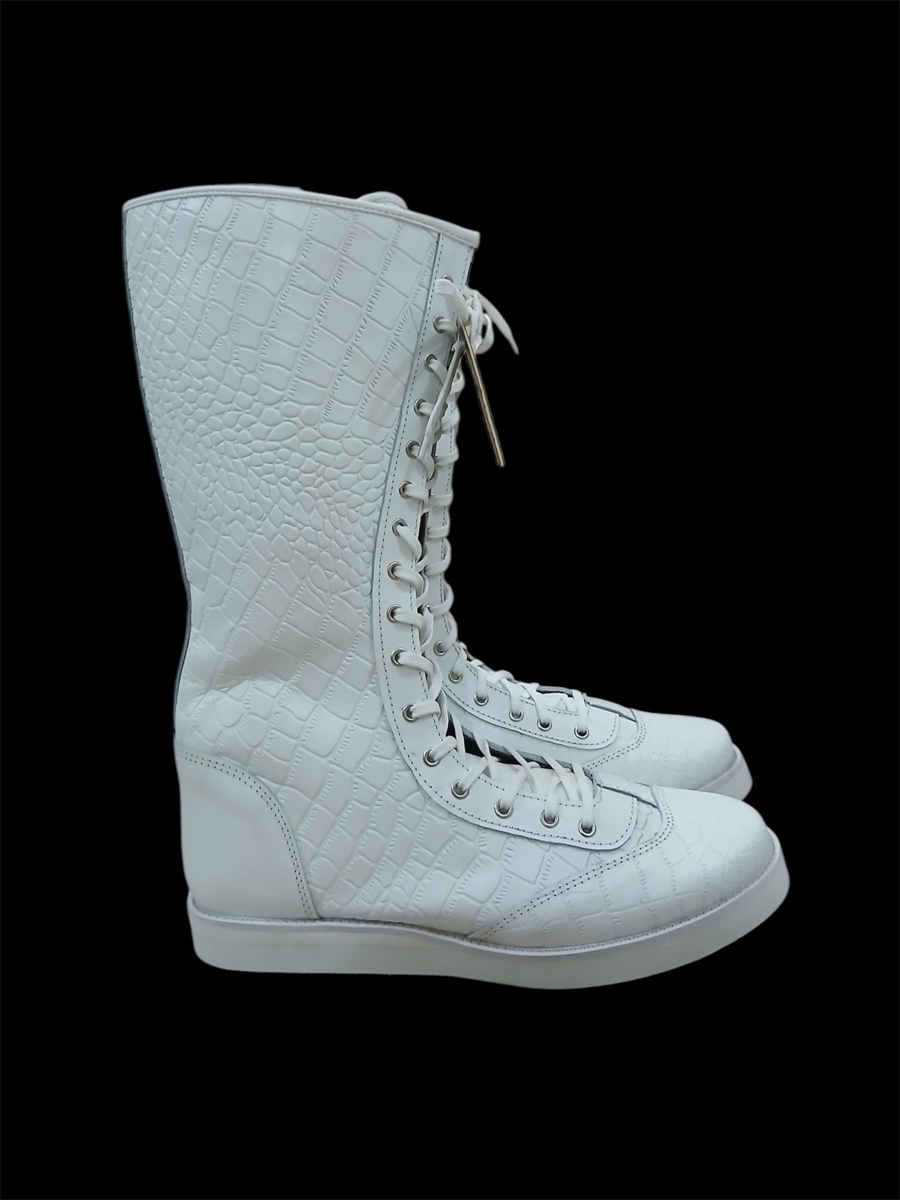 Pro Wrestling Boots, Handmade, 100% Original Leather, White Crocs Pattern, Customizable colors
