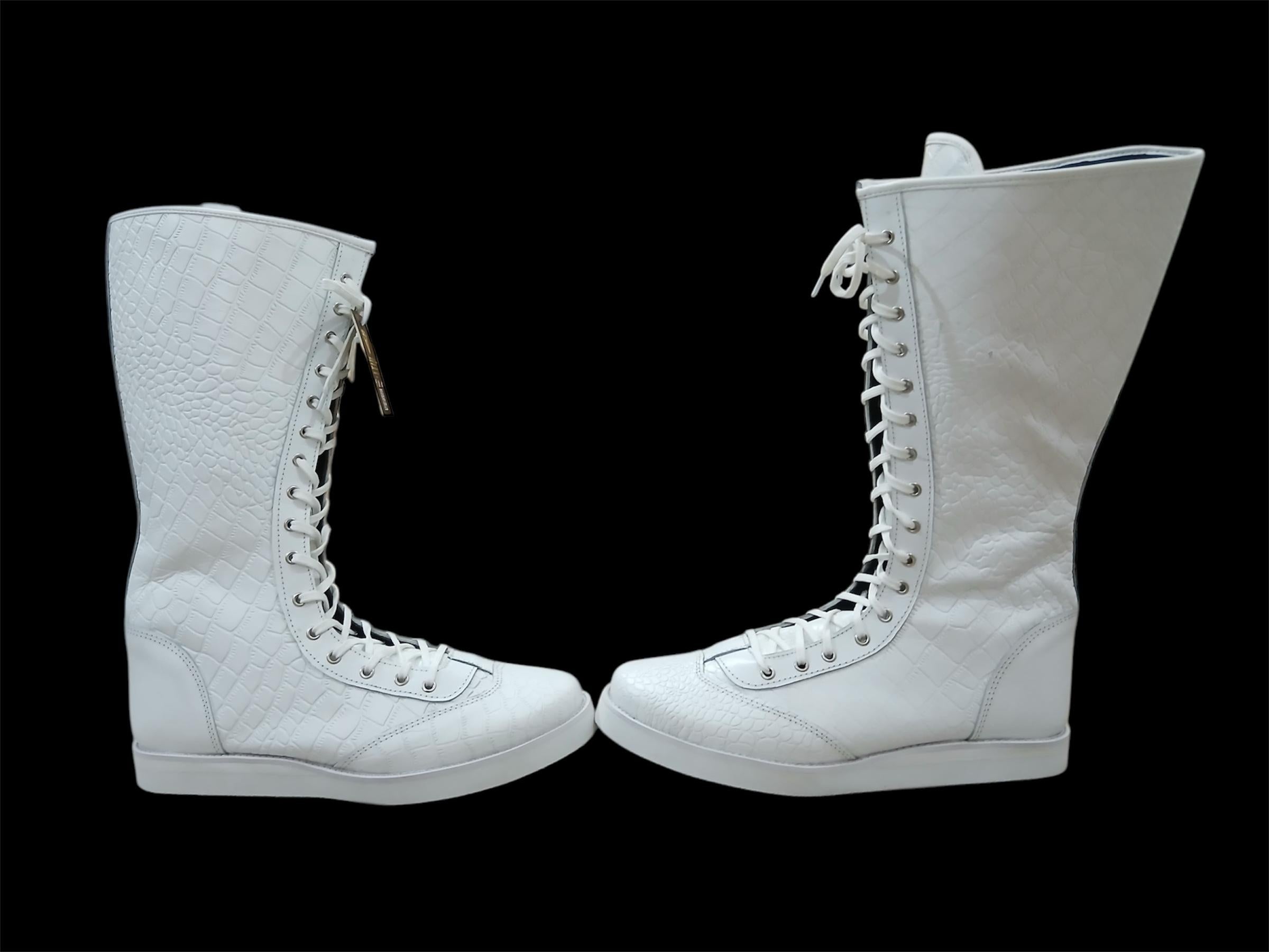 Pro Wrestling Boots, Handmade, 100% Original Leather, White Crocs Pattern, Customizable colors
