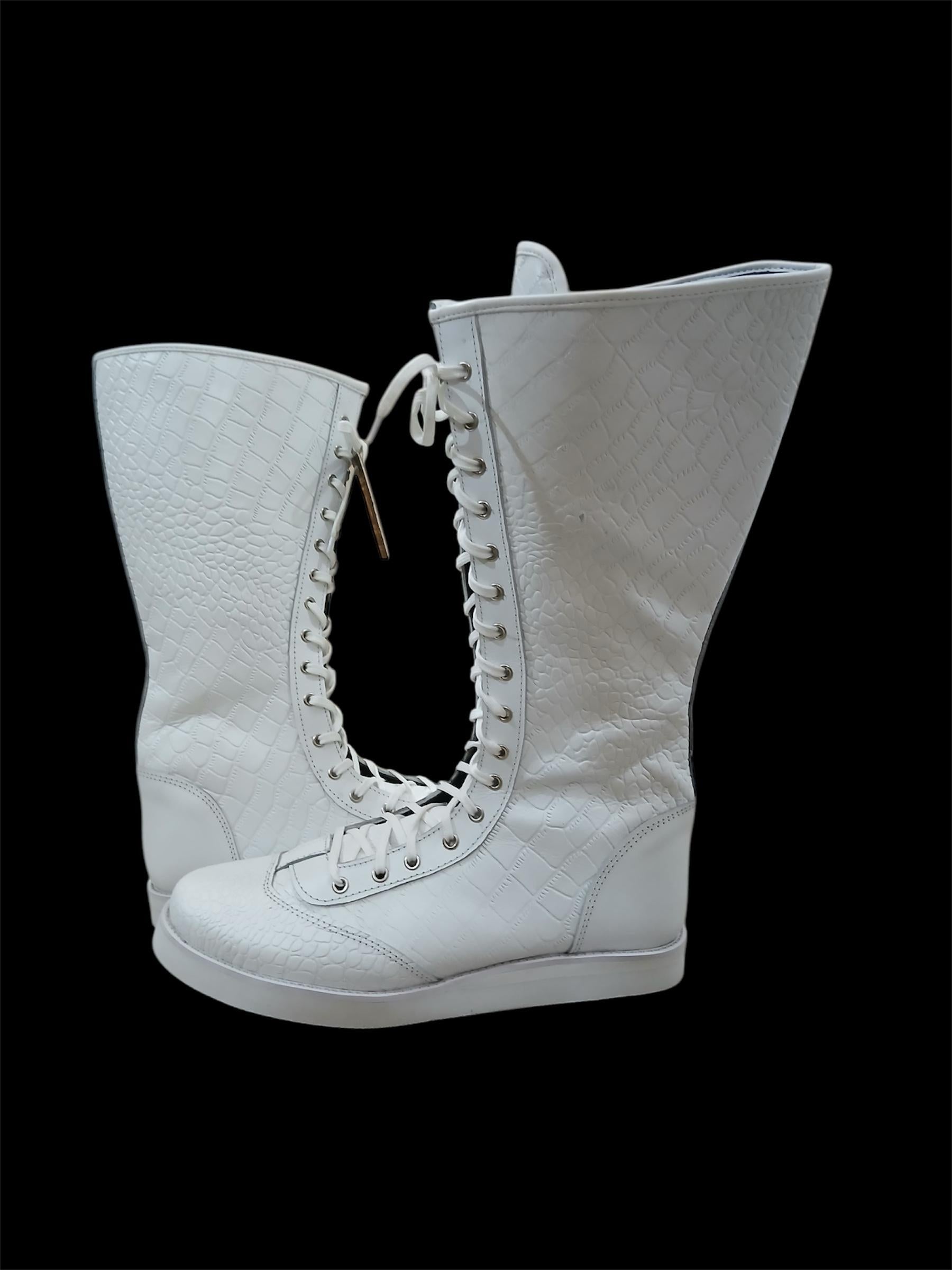 Pro Wrestling Boots, Handmade, 100% Original Leather, White Crocs Pattern, Customizable colors