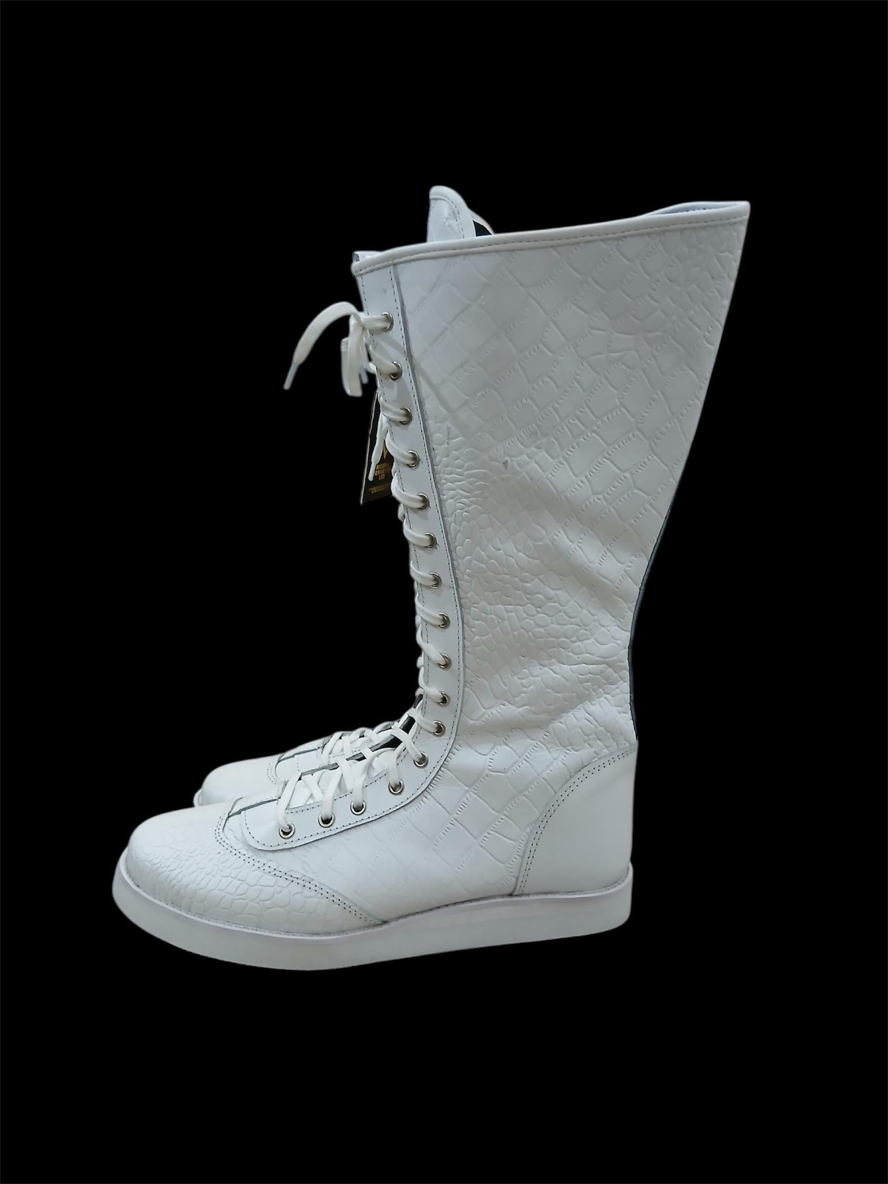 Pro Wrestling Boots, Handmade, 100% Original Leather, White Crocs Pattern, Customizable colors