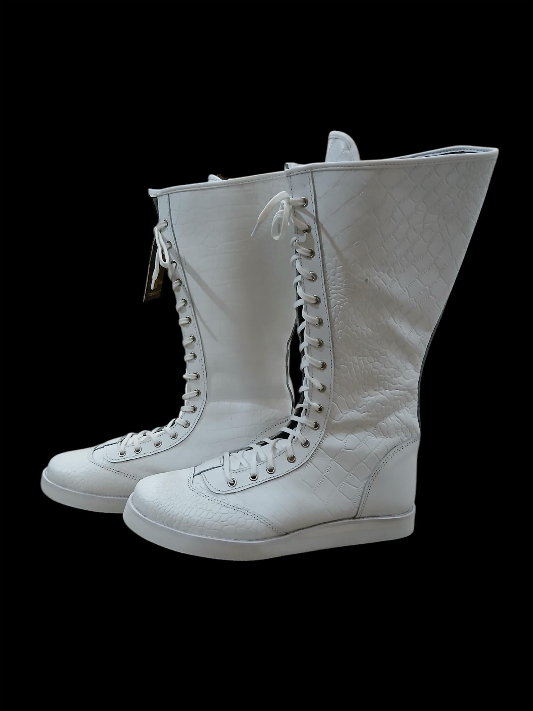 Pro Wrestling Boots, Handmade, 100% Original Leather, White Crocs Pattern, Customizable colors