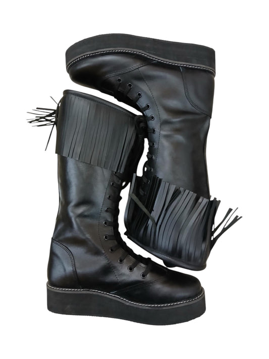 Wrestling Boots with Leather Fringes , Handmade, 100% Original Leather, Black Color