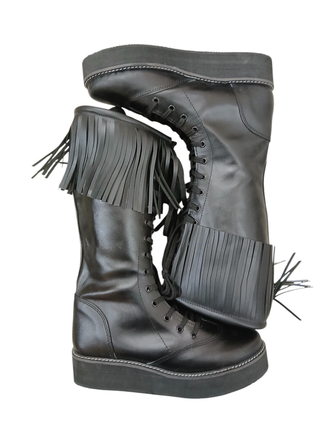 Stoeistewels met leerfranje, handgemaak, 100% oorspronklike leer, swart kleur