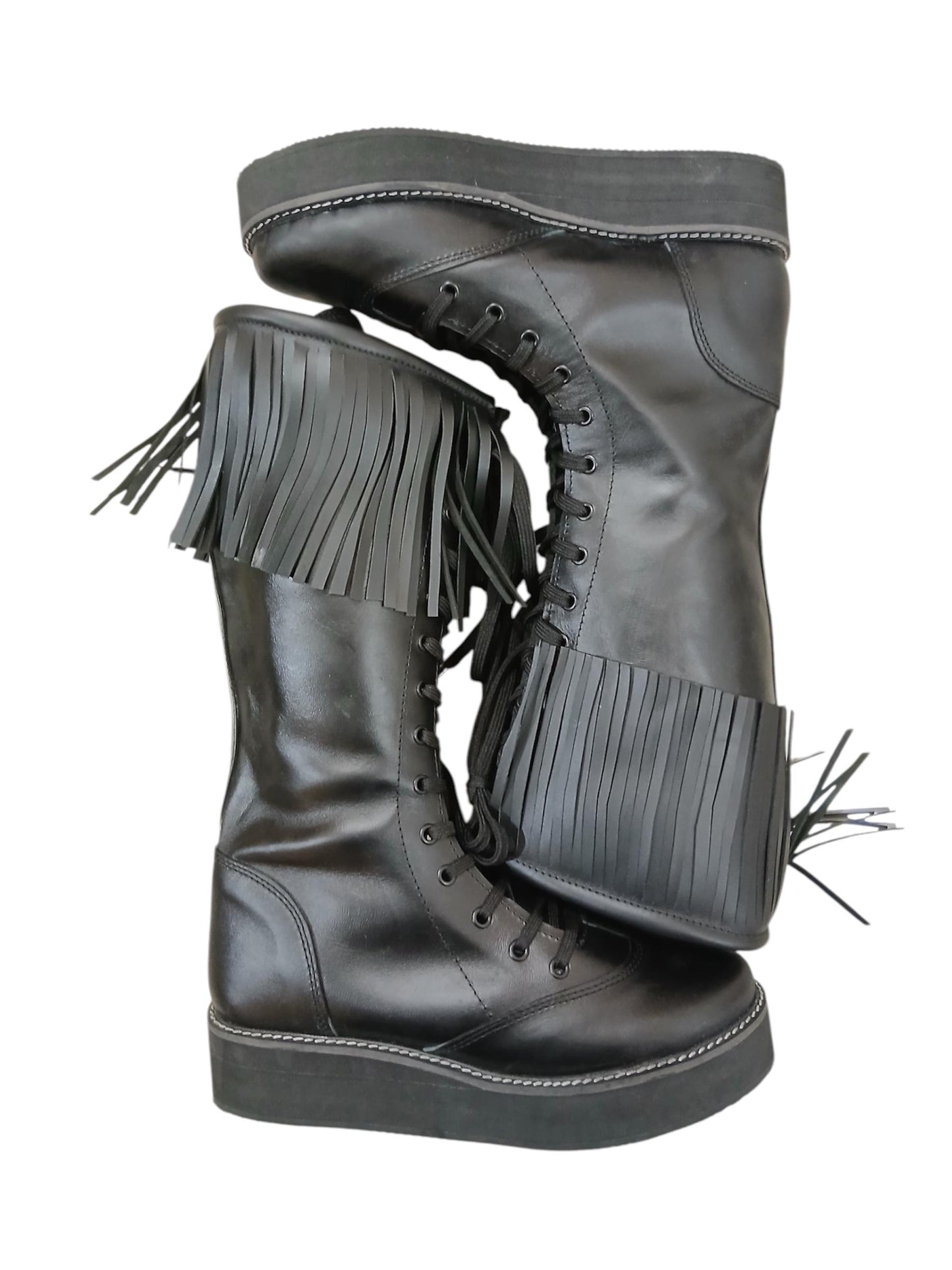 Wrestling Boots with Leather Fringes , Handmade, 100% Original Leather, Black Color