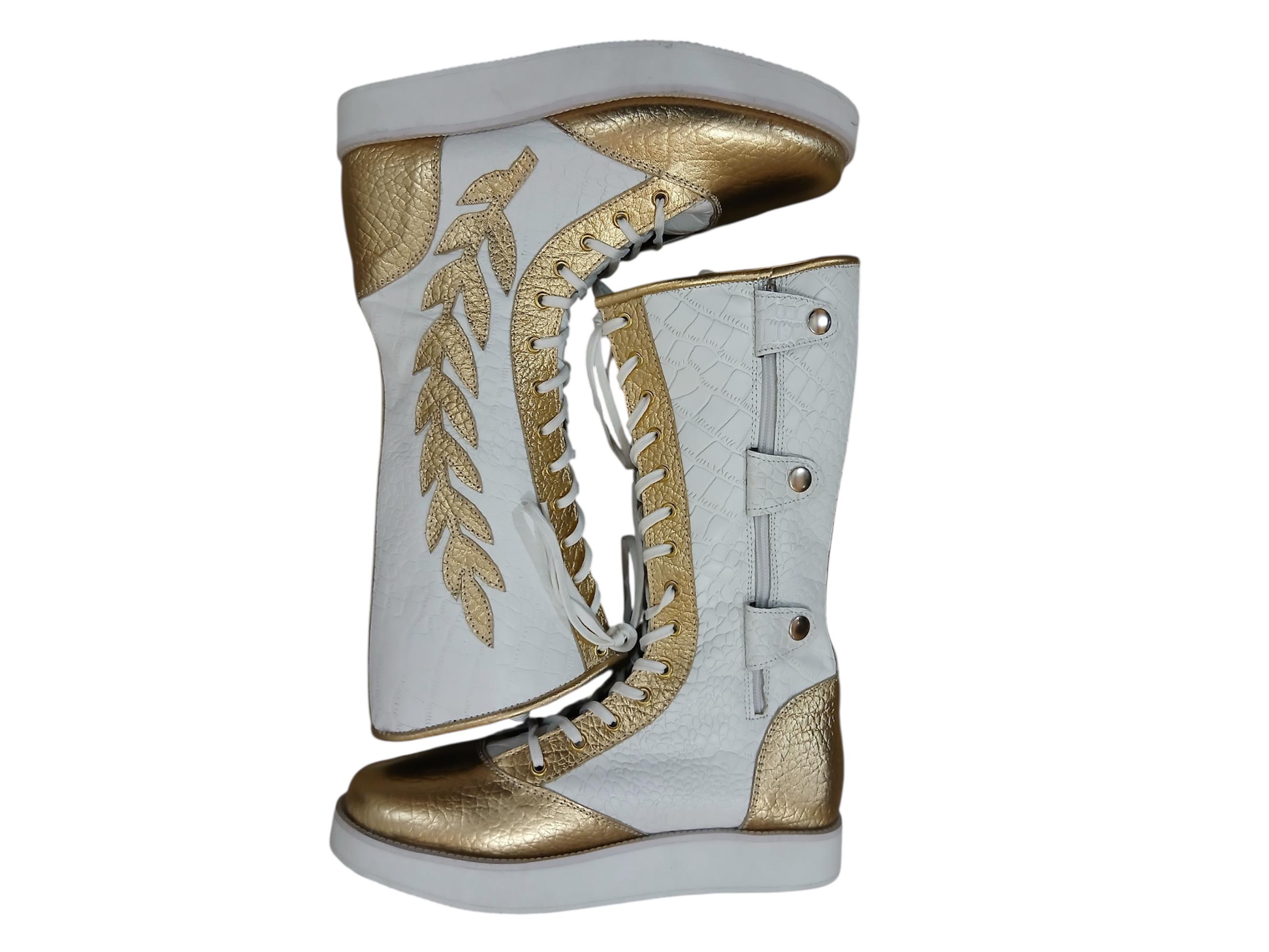 Pro Wrestling Long Boots, 100% Original Leather - in White & Golden with leaves, Crocodile Pattern