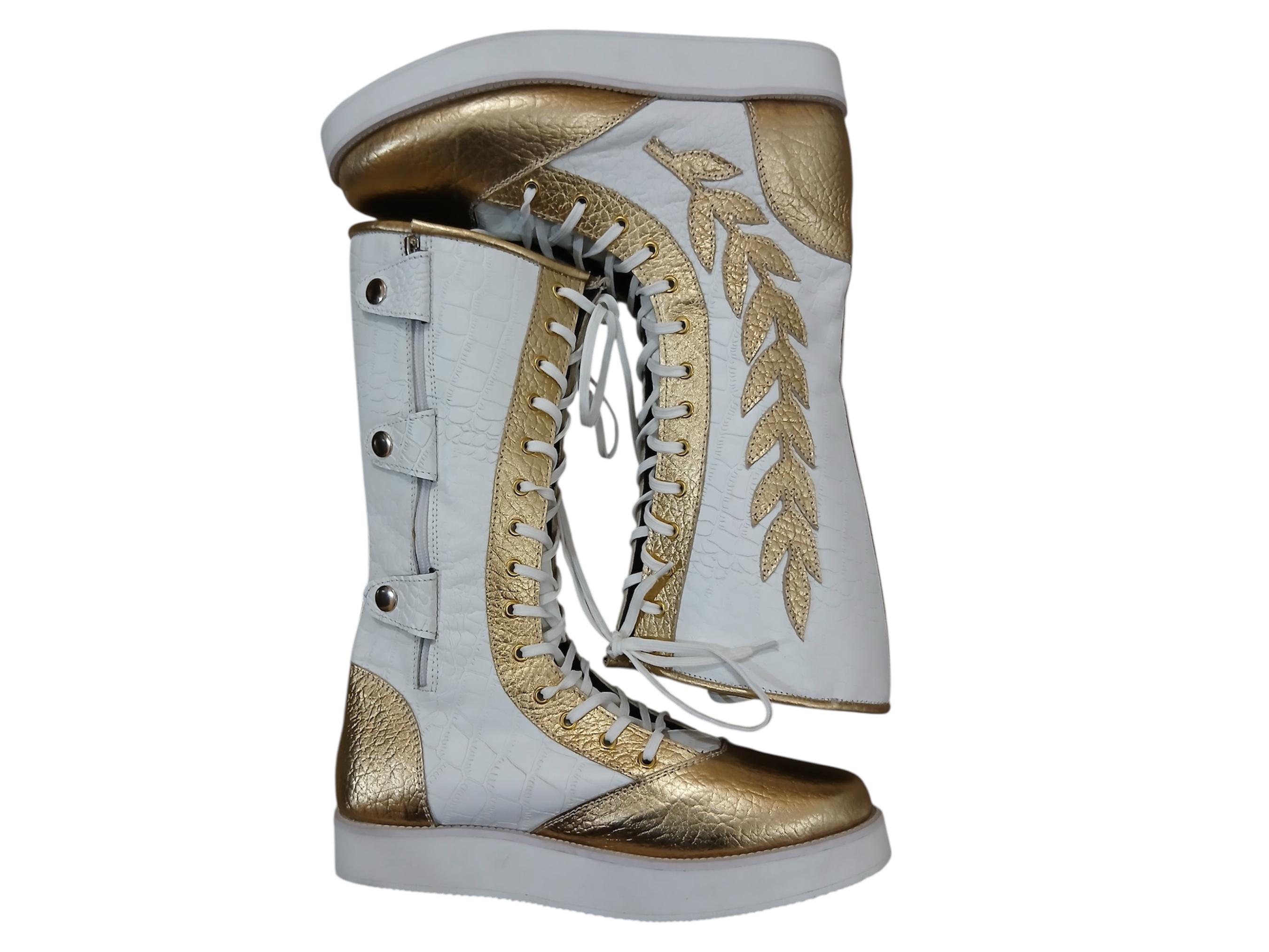 Pro Wrestling Long Boots, 100% Original Leather - in White & Golden with leaves, Crocodile Pattern