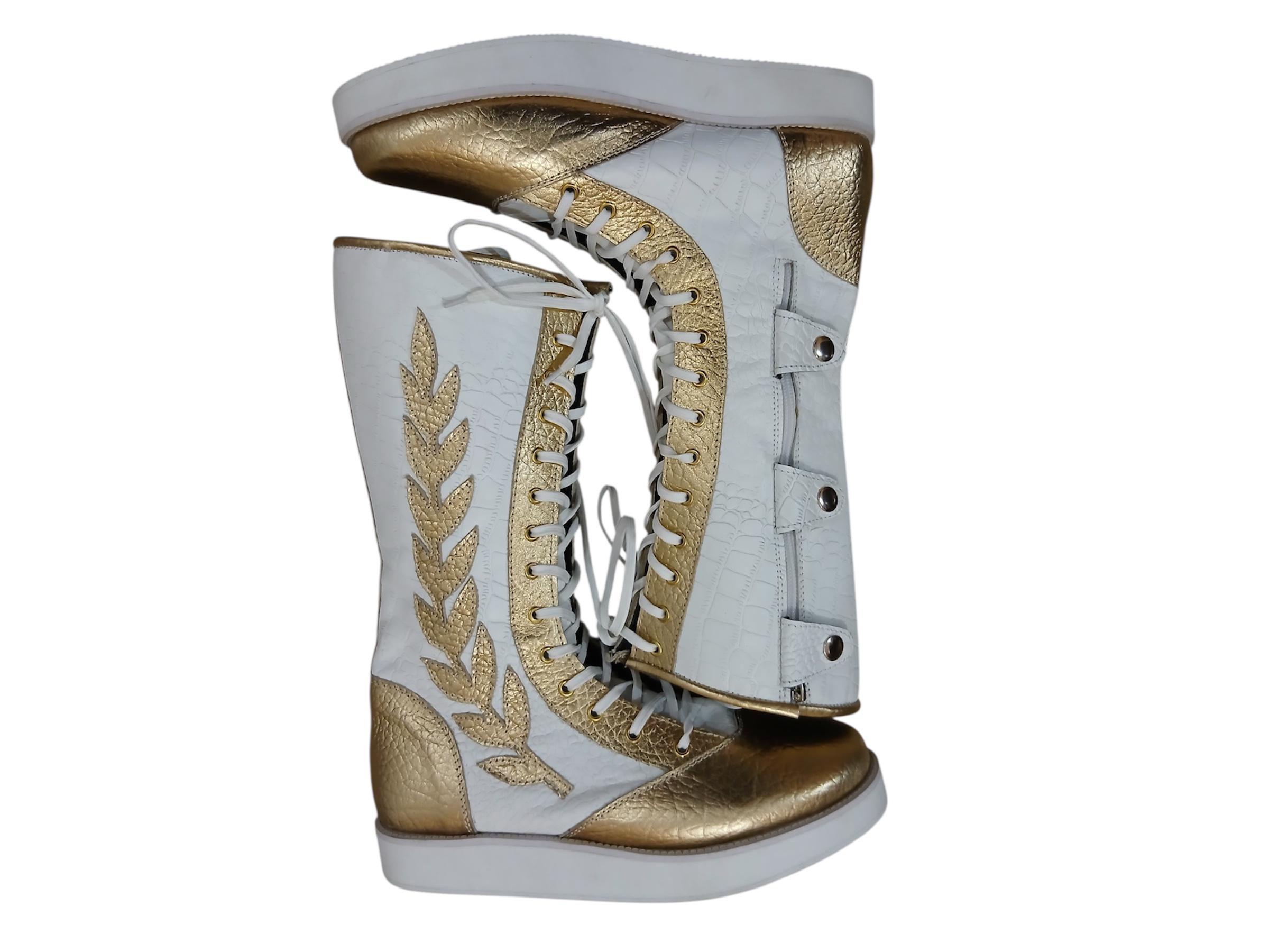 Pro Wrestling Long Boots, 100% Original Leather - in White & Golden with leaves, Crocodile Pattern
