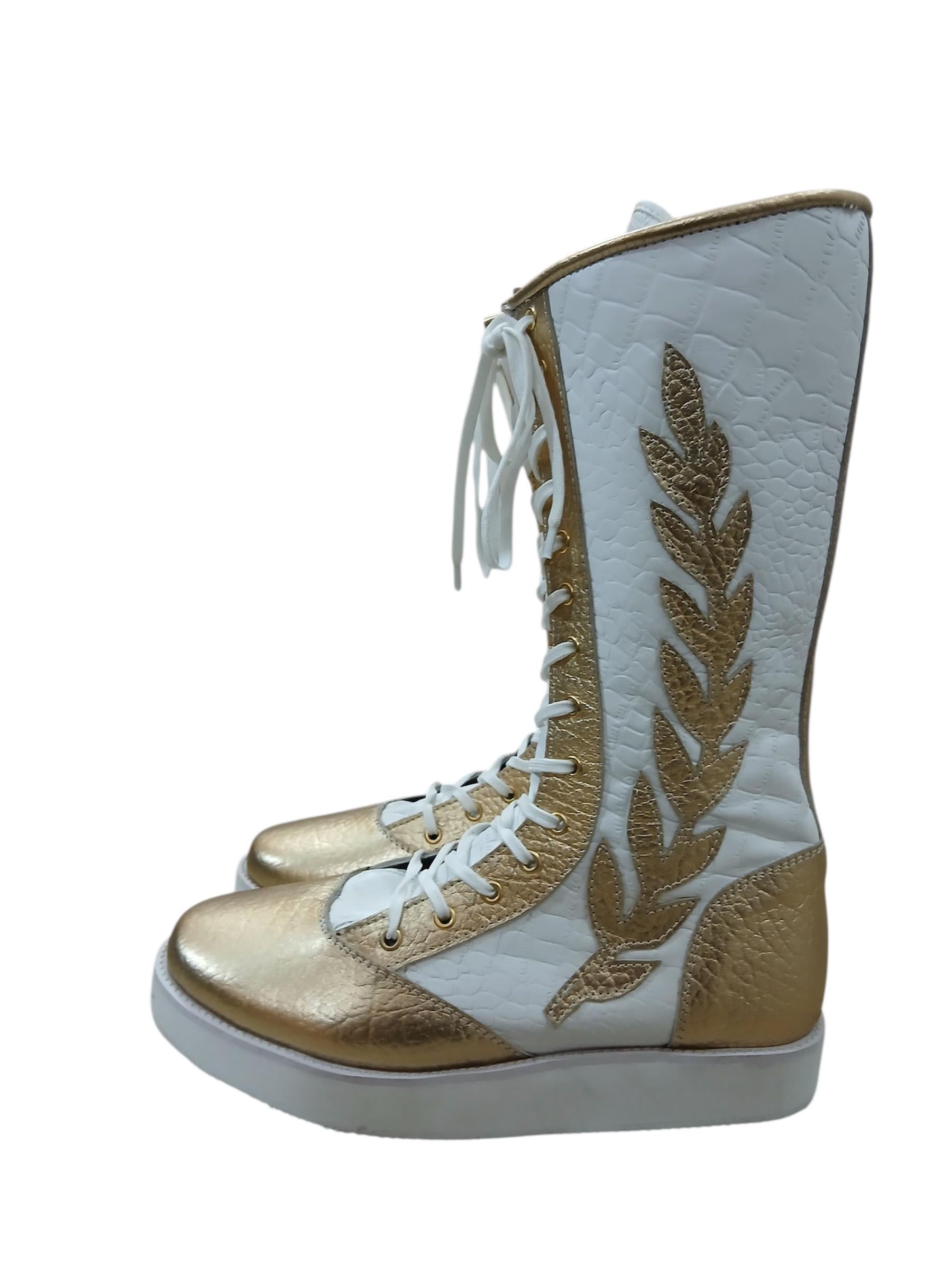 Pro Wrestling Long Boots, 100% Original Leather - in White & Golden with leaves, Crocodile Pattern