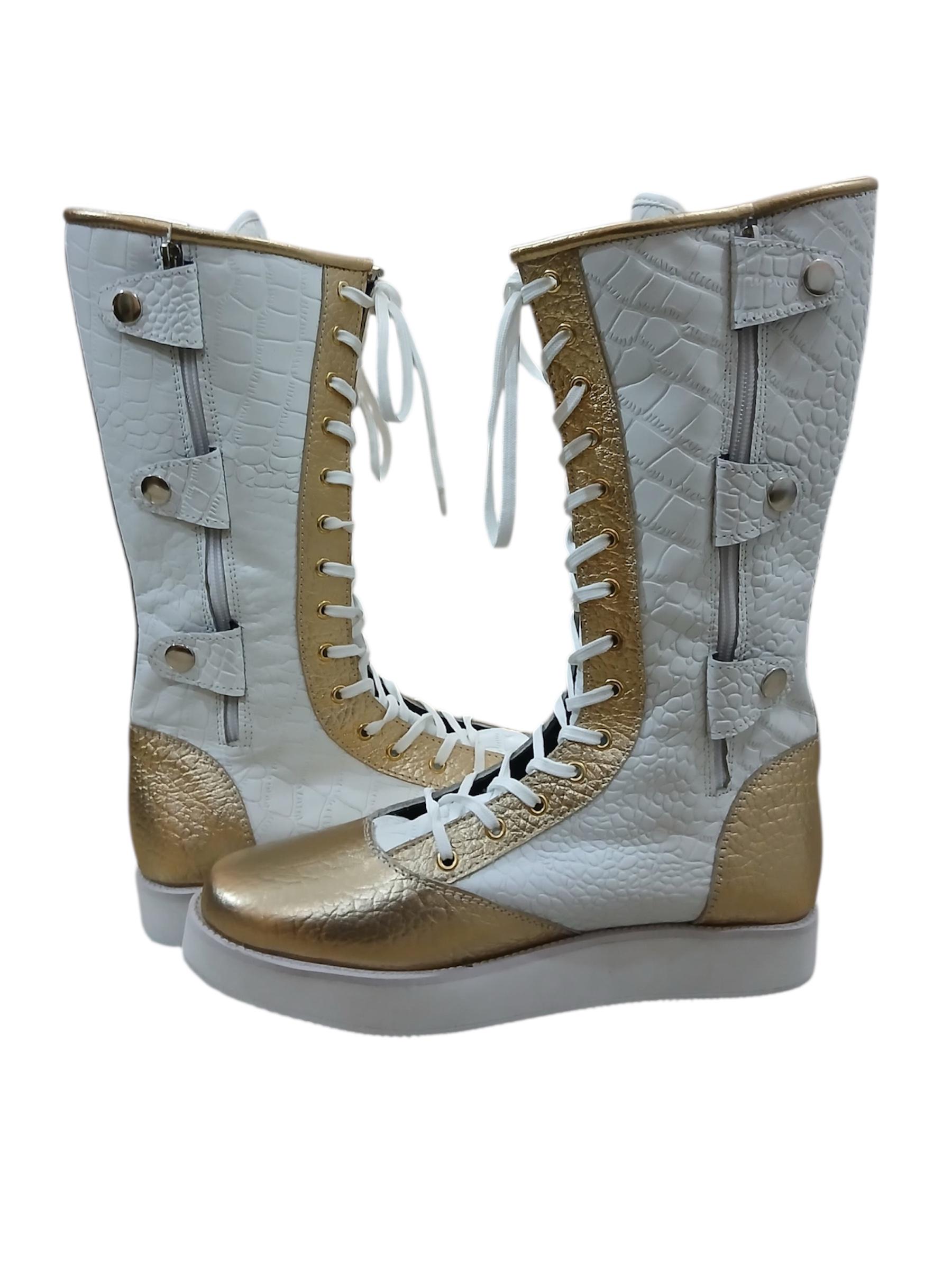Pro Wrestling Long Boots, 100% Original Leather - in White & Golden with leaves, Crocodile Pattern