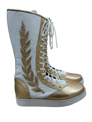 Pro Wrestling Long Boots, 100% Original Leather - in White & Golden with leaves, Crocodile Pattern