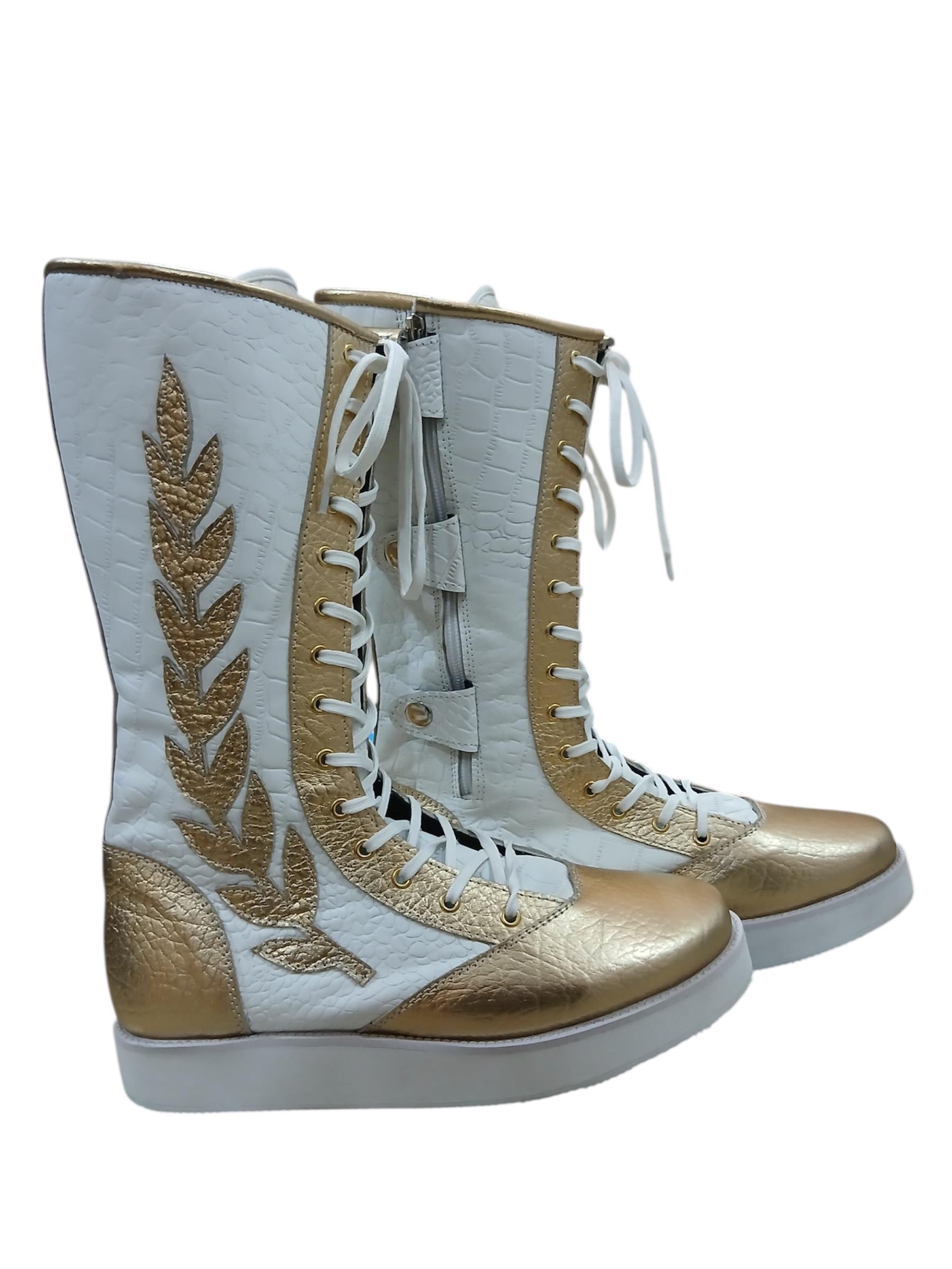 Pro Wrestling Long Boots, 100% Original Leather - in White & Golden with leaves, Crocodile Pattern