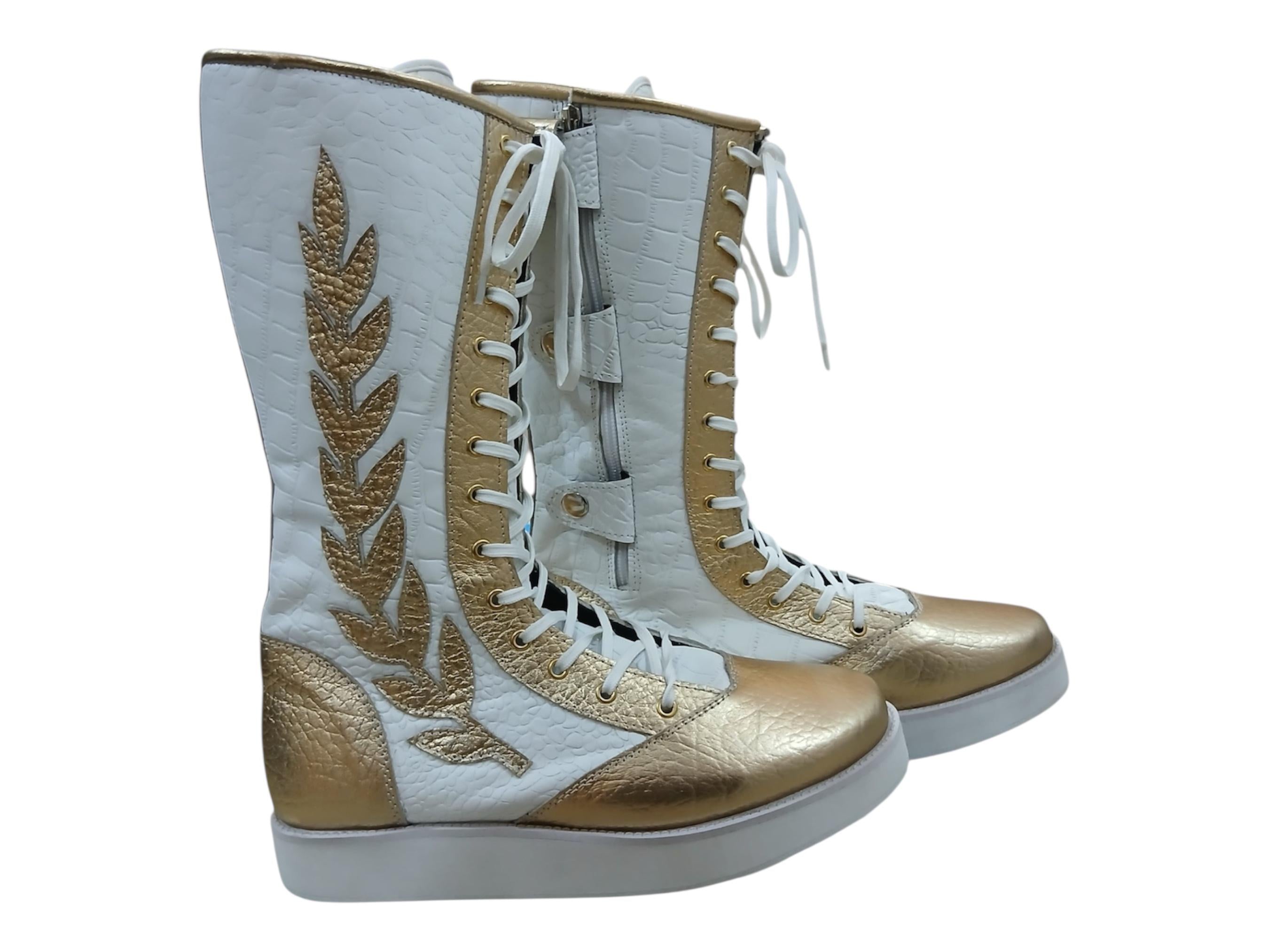 Pro Wrestling Long Boots, 100% Original Leather - in White & Golden with leaves, Crocodile Pattern