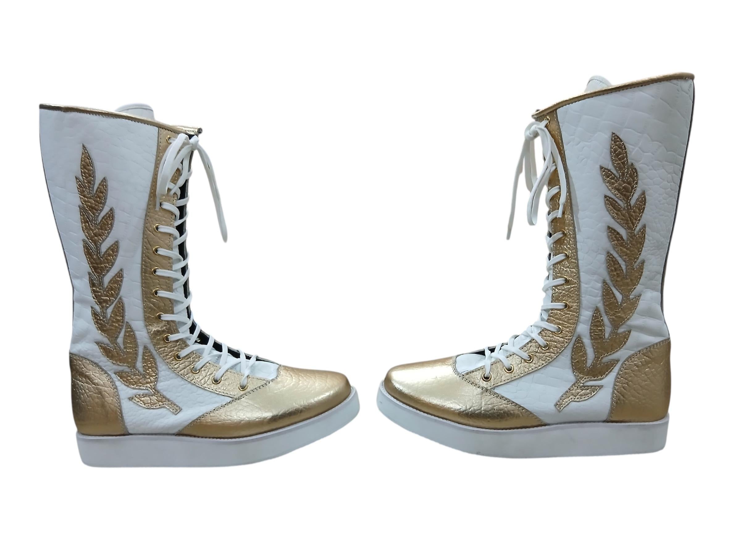 Pro Wrestling Long Boots, 100% Original Leather - in White & Golden with leaves, Crocodile Pattern