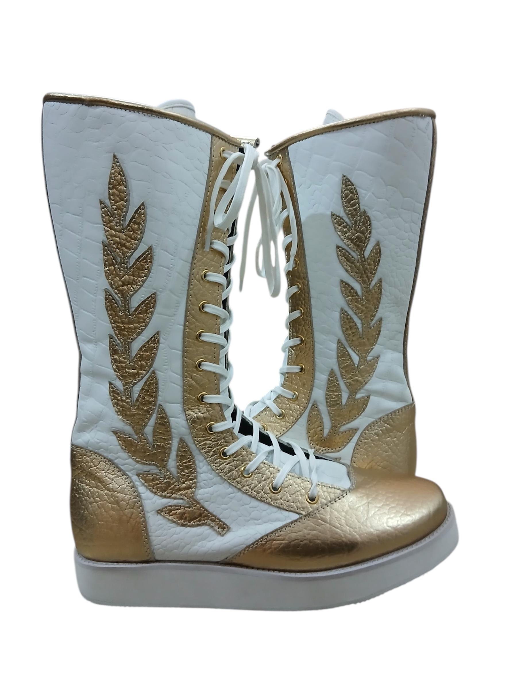 Pro Wrestling Long Boots, 100% Original Leather - in White & Golden with leaves, Crocodile Pattern