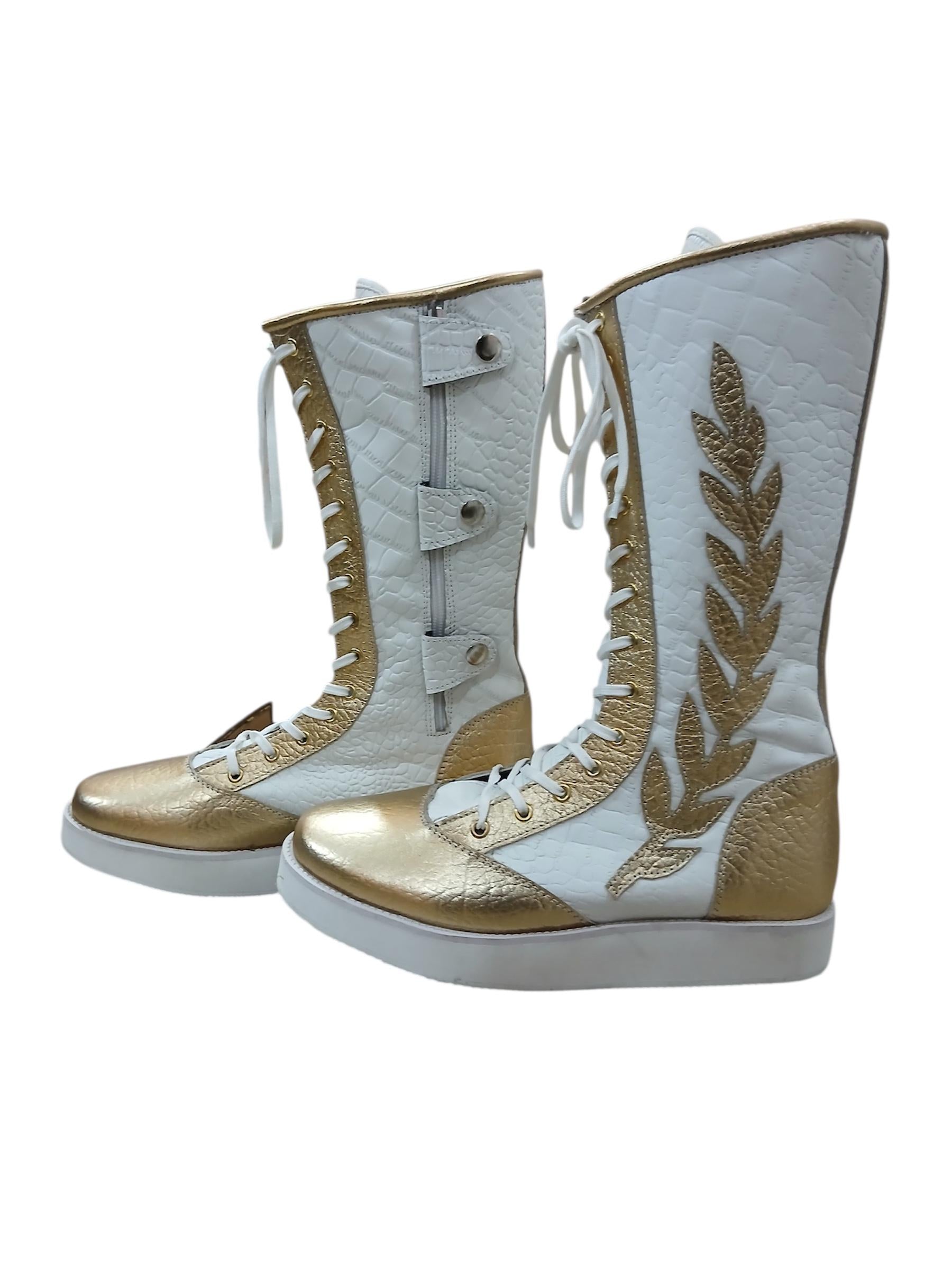 Pro Wrestling Long Boots, 100% Original Leather - in White & Golden with leaves, Crocodile Pattern