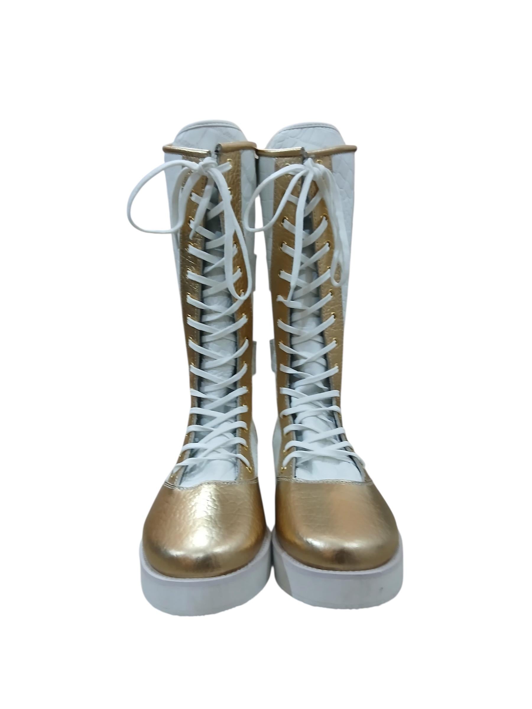 Pro Wrestling Long Boots, 100% Original Leather - in White & Golden with leaves, Crocodile Pattern