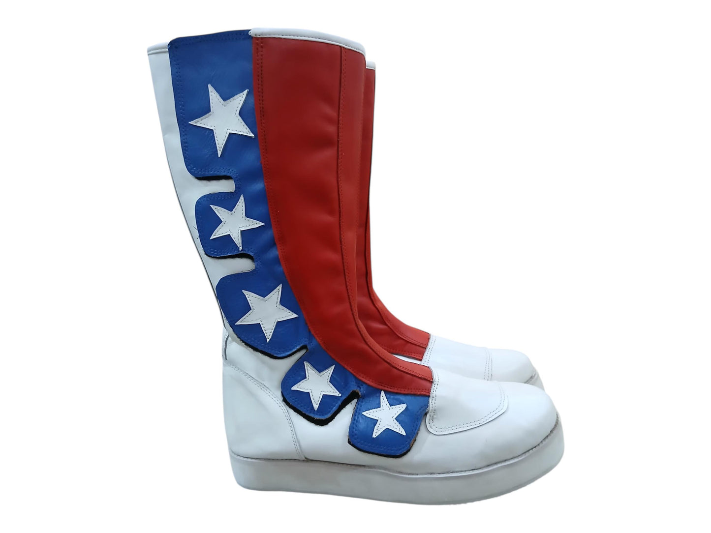 Pro Wrestling Boots, Handmade, 100% Original Leather, Hook and Loop style, white, red and blue with stars   Customizable