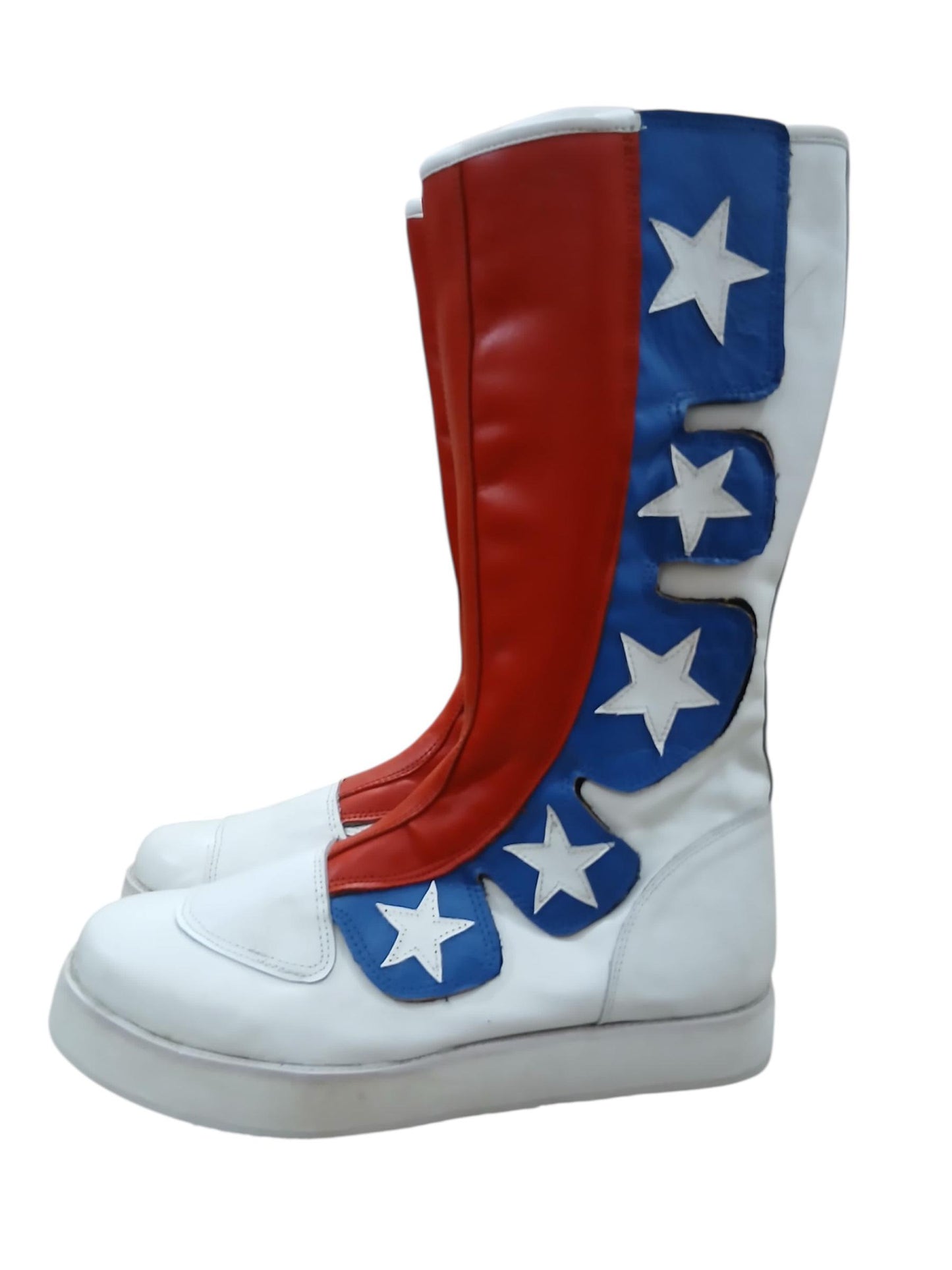 Pro Wrestling Boots, Handmade, 100% Original Leather, Hook and Loop style, white, red and blue with stars   Customizable