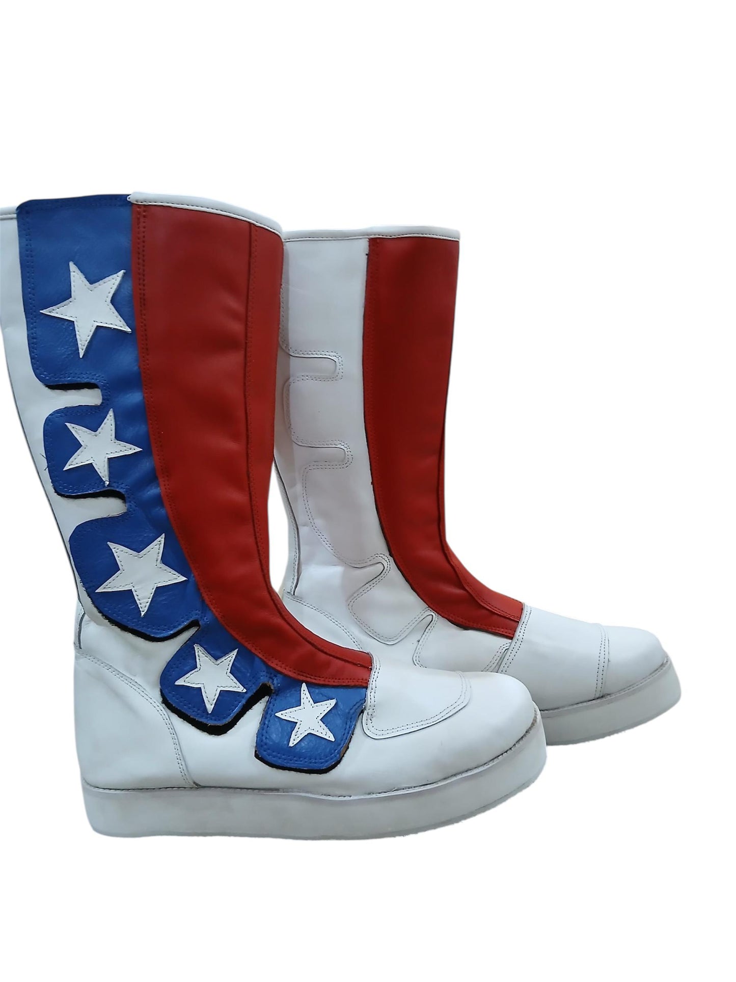 Pro Wrestling Boots, Handmade, 100% Original Leather, Hook and Loop style, white, red and blue with stars   Customizable