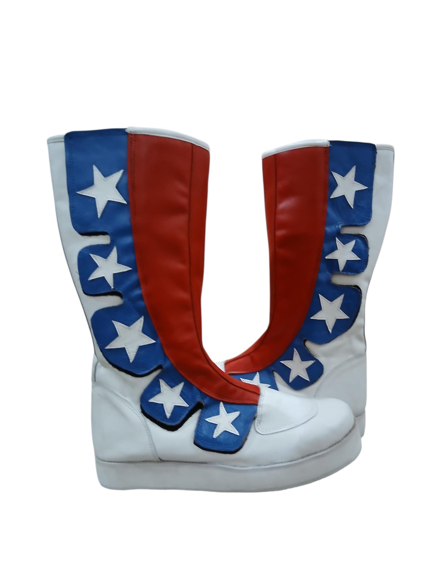 Pro Wrestling Boots, Handmade, 100% Original Leather, Hook and Loop style, white, red and blue with stars   Customizable