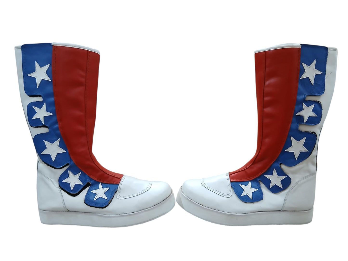 Pro Wrestling Boots, Handmade, 100% Original Leather, Hook and Loop style, white, red and blue with stars   Customizable