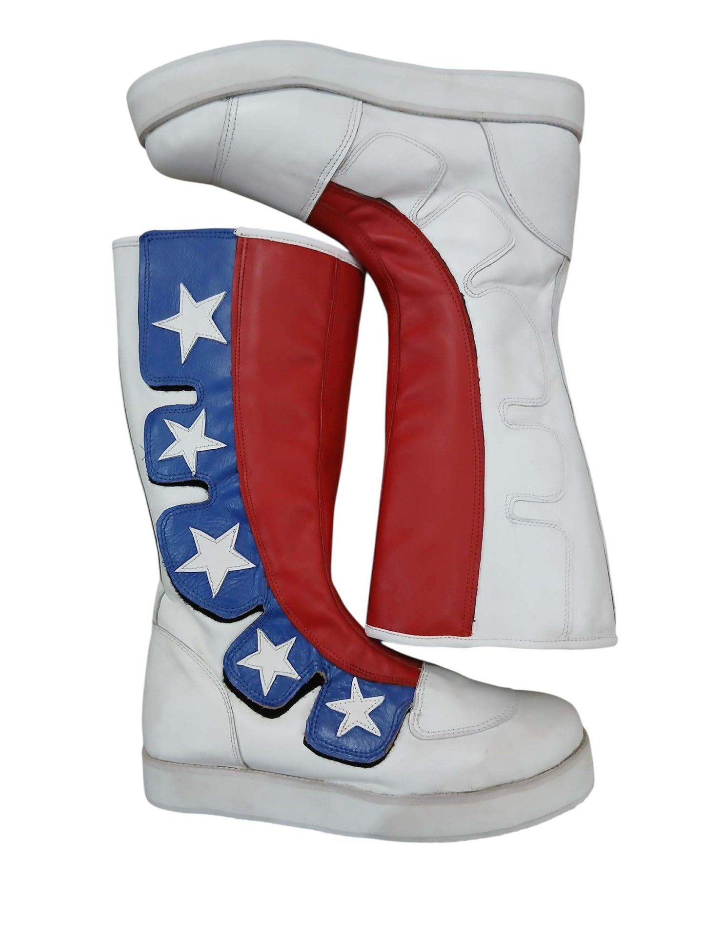 Pro Wrestling Boots, Handmade, 100% Original Leather, Hook and Loop style, white, red and blue with stars   Customizable