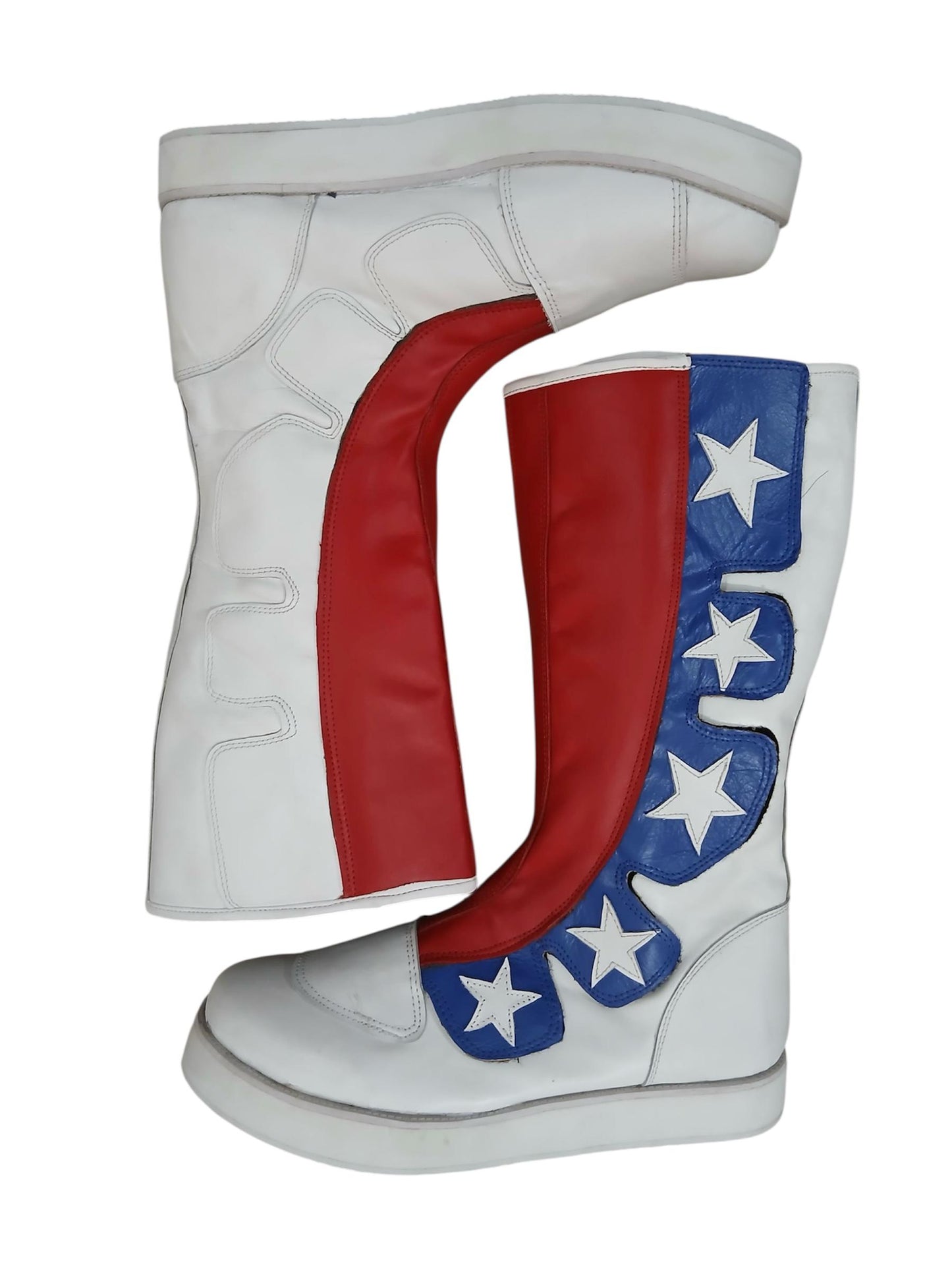 Pro Wrestling Boots, Handmade, 100% Original Leather, Hook and Loop style, white, red and blue with stars   Customizable